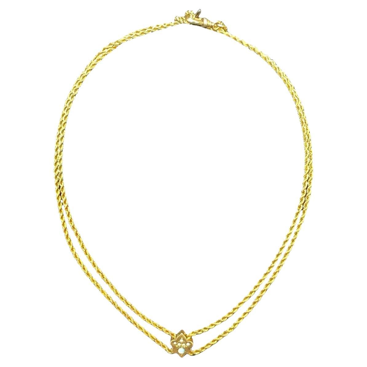 Antica catena vittoriana per orologio da tasca riempita d
oro con cursore in opale e perle di mare in vendita