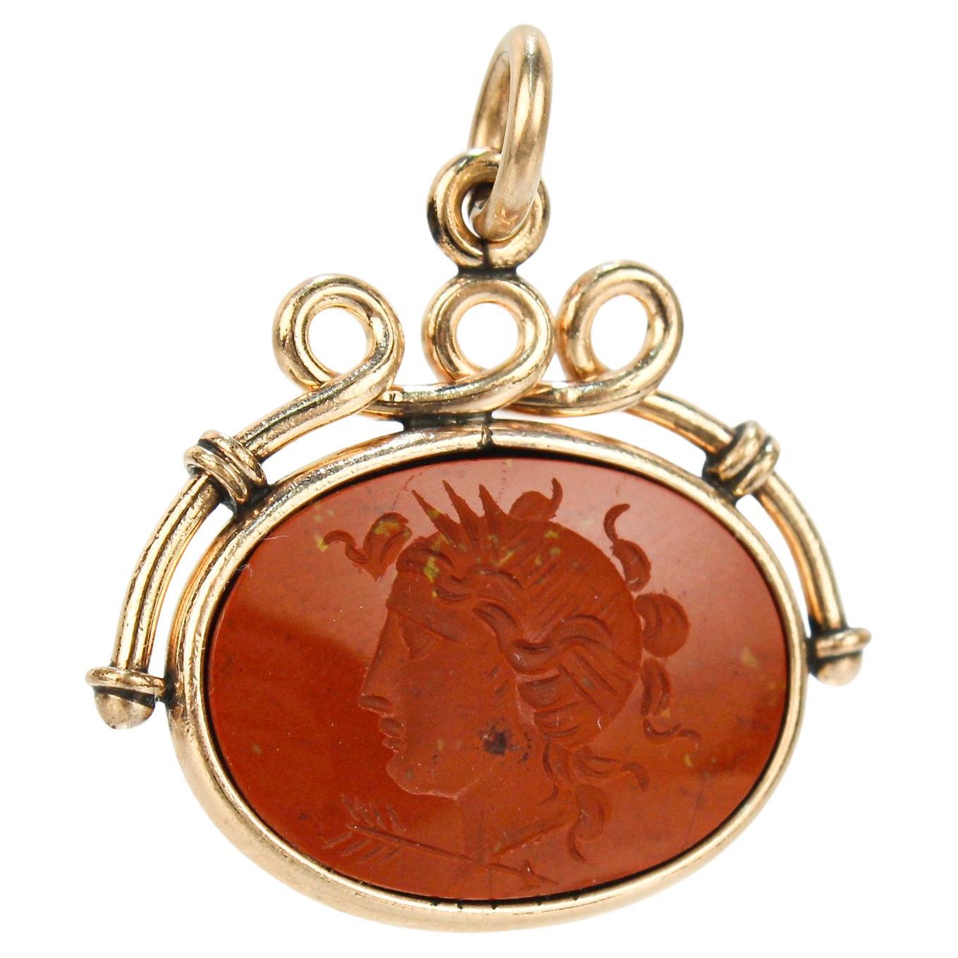 Antique Victorian Gold-Filled Red Jasper Carved Intaglio Diana Pendant or Charm 