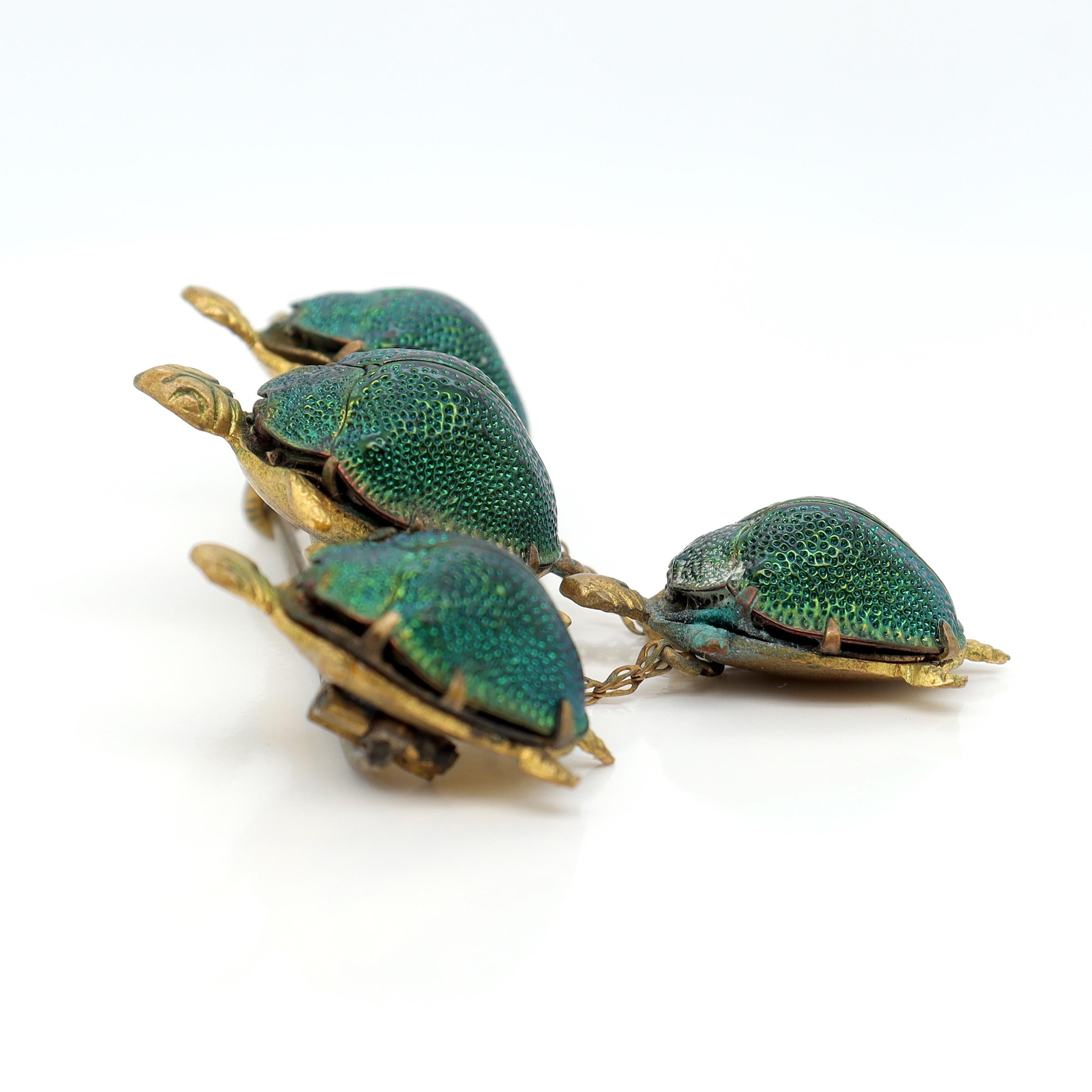 Antique Victorian Gold Filled Turtles Brooch with Egyptian Scarab Shells For Sale 3