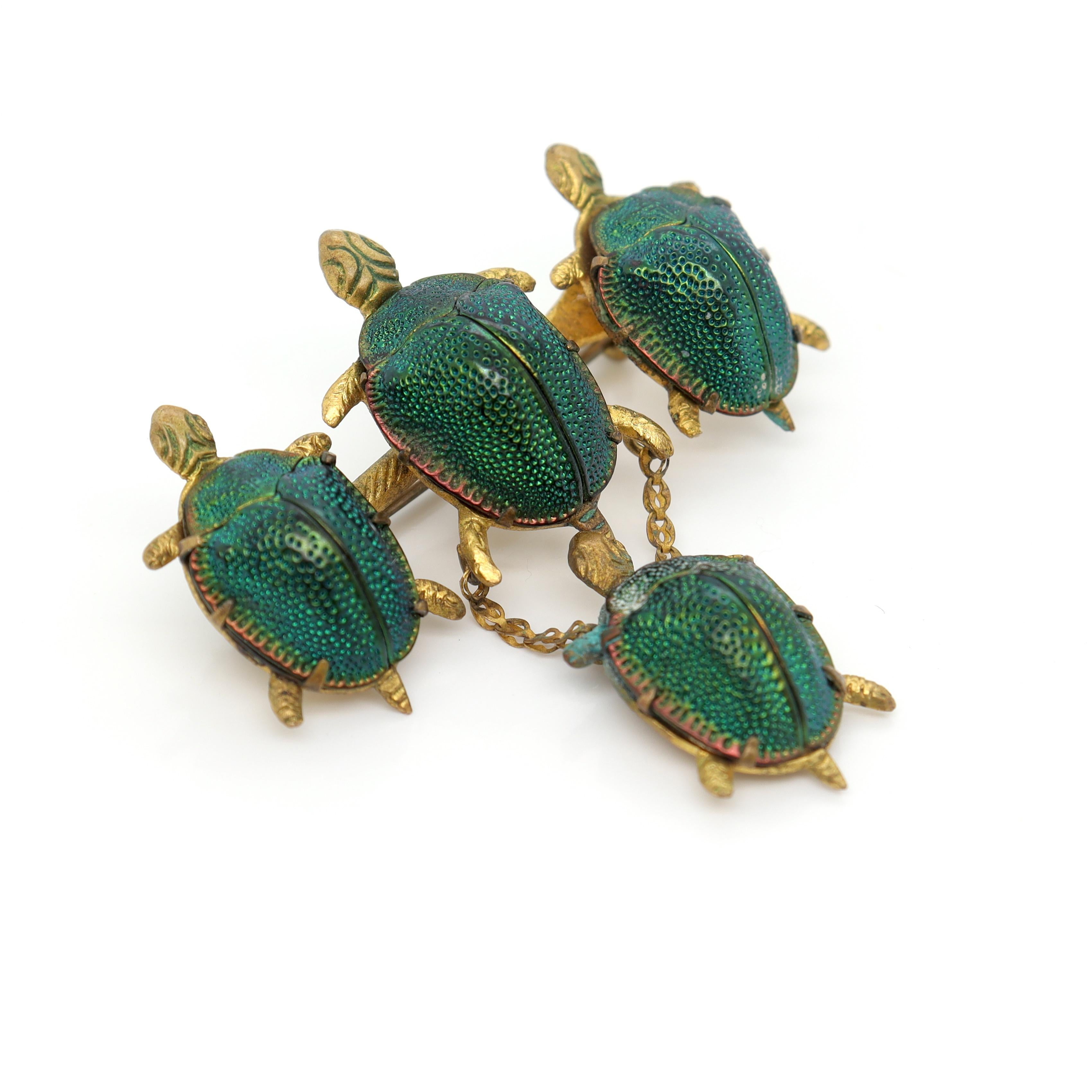 Antique Victorian Gold Filled Turtles Brooch with Egyptian Scarab Shells For Sale 4