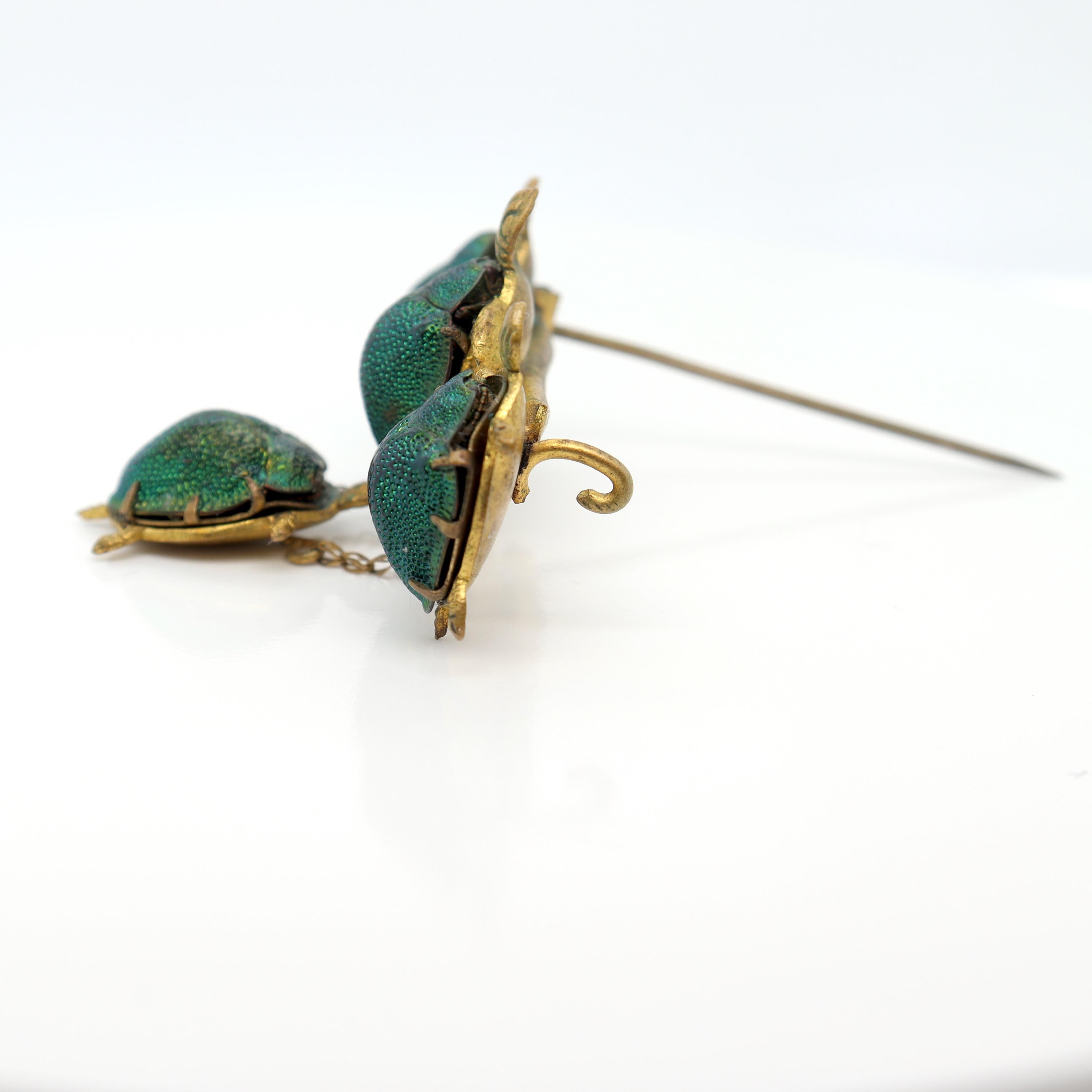 Antique Victorian Gold Filled Turtles Brooch with Egyptian Scarab Shells For Sale 5
