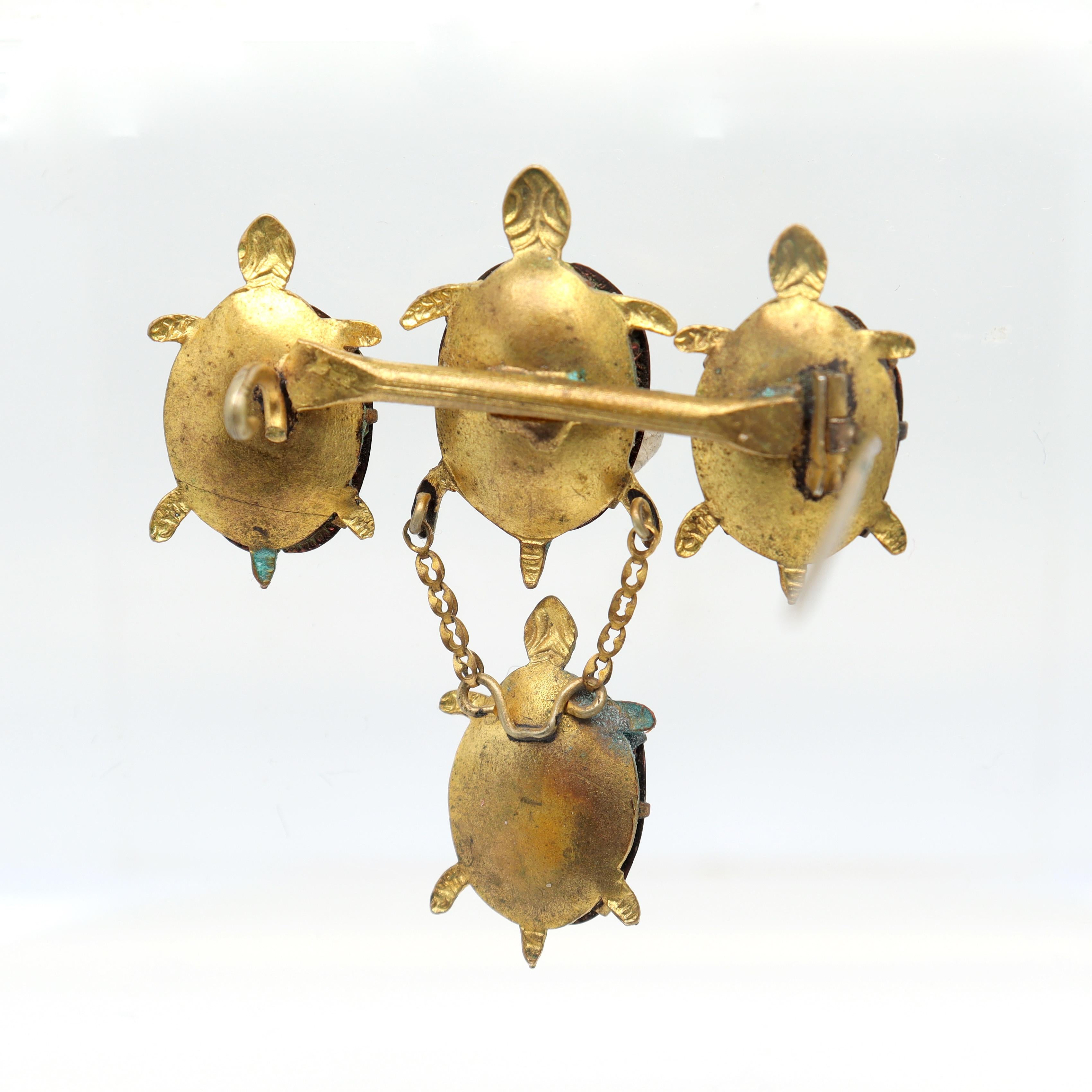 Antique Victorian Gold Filled Turtles Brooch with Egyptian Scarab Shells For Sale 7