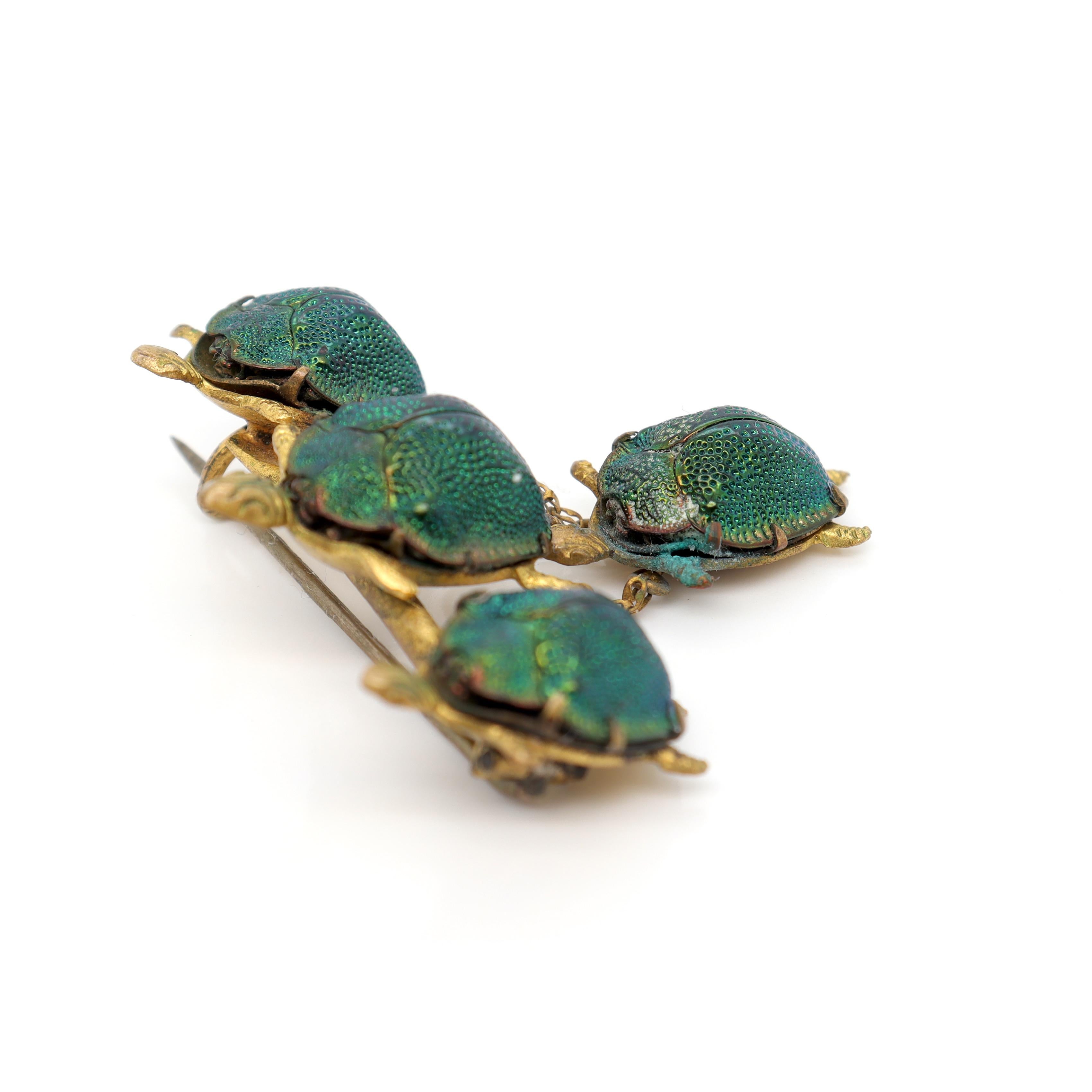 Antique Victorian Gold Filled Turtles Brooch with Egyptian Scarab Shells For Sale 8