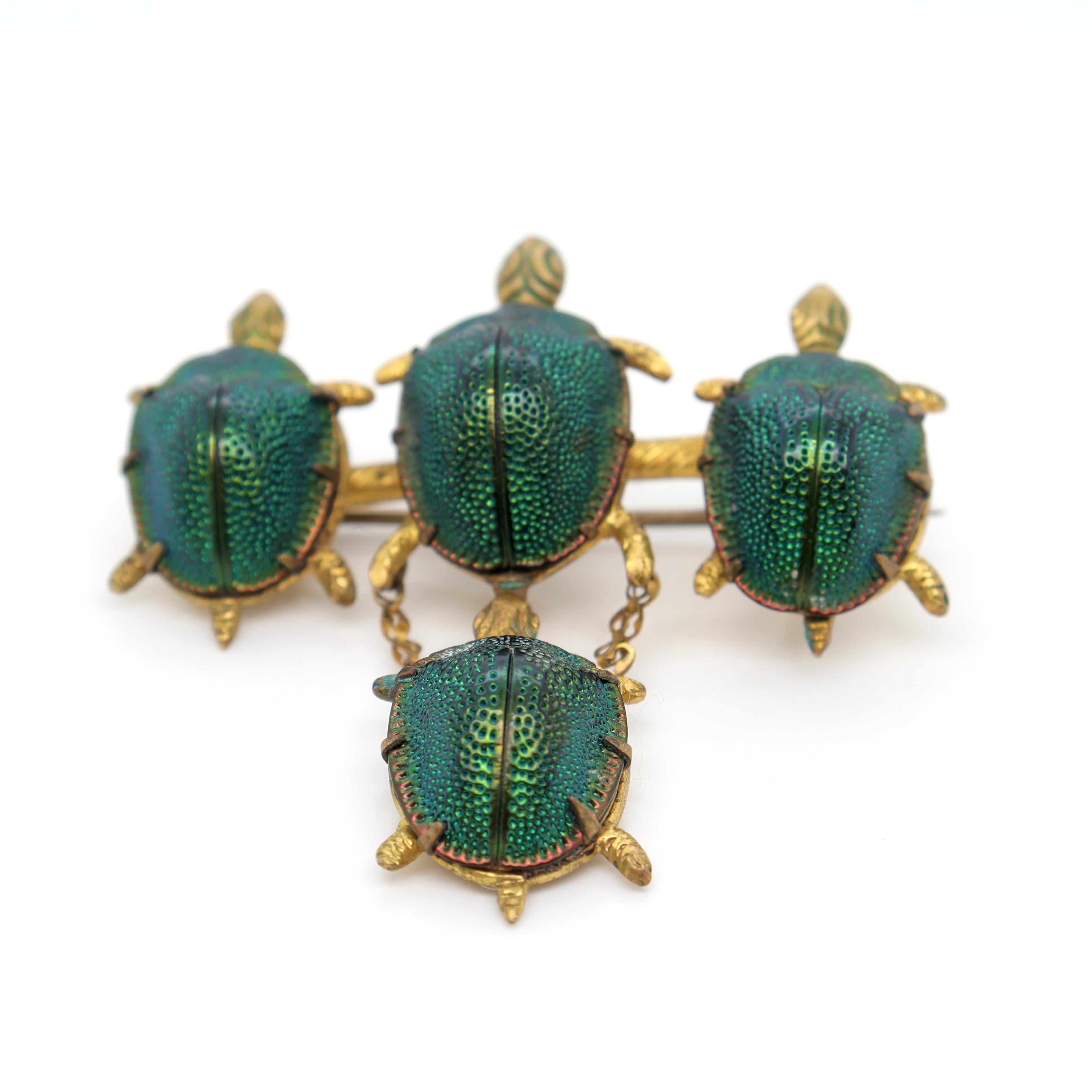 Antique Victorian Gold Filled Turtles Brooch with Egyptian Scarab Shells In Good Condition For Sale In Philadelphia, PA