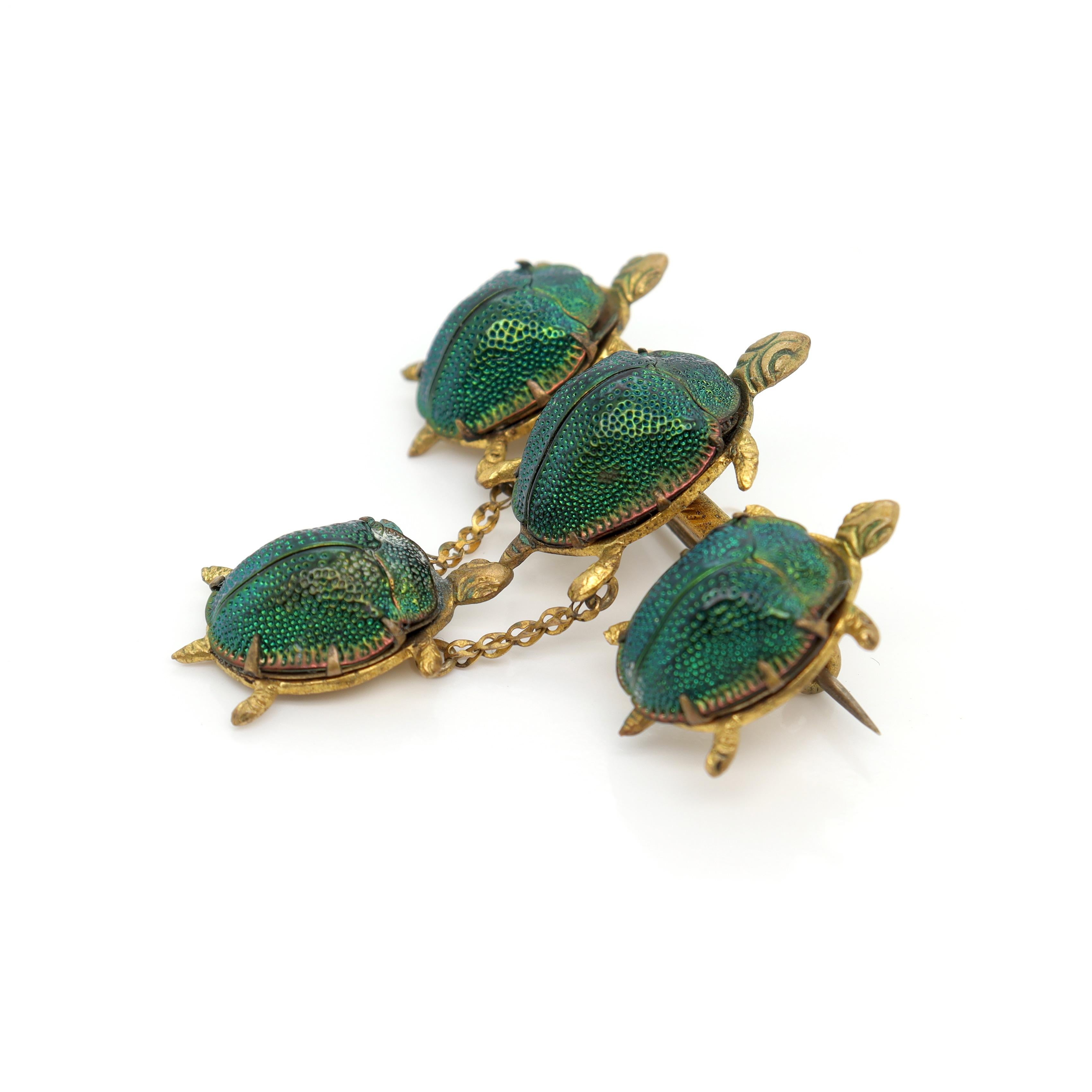 Women's or Men's Antique Victorian Gold Filled Turtles Brooch with Egyptian Scarab Shells For Sale