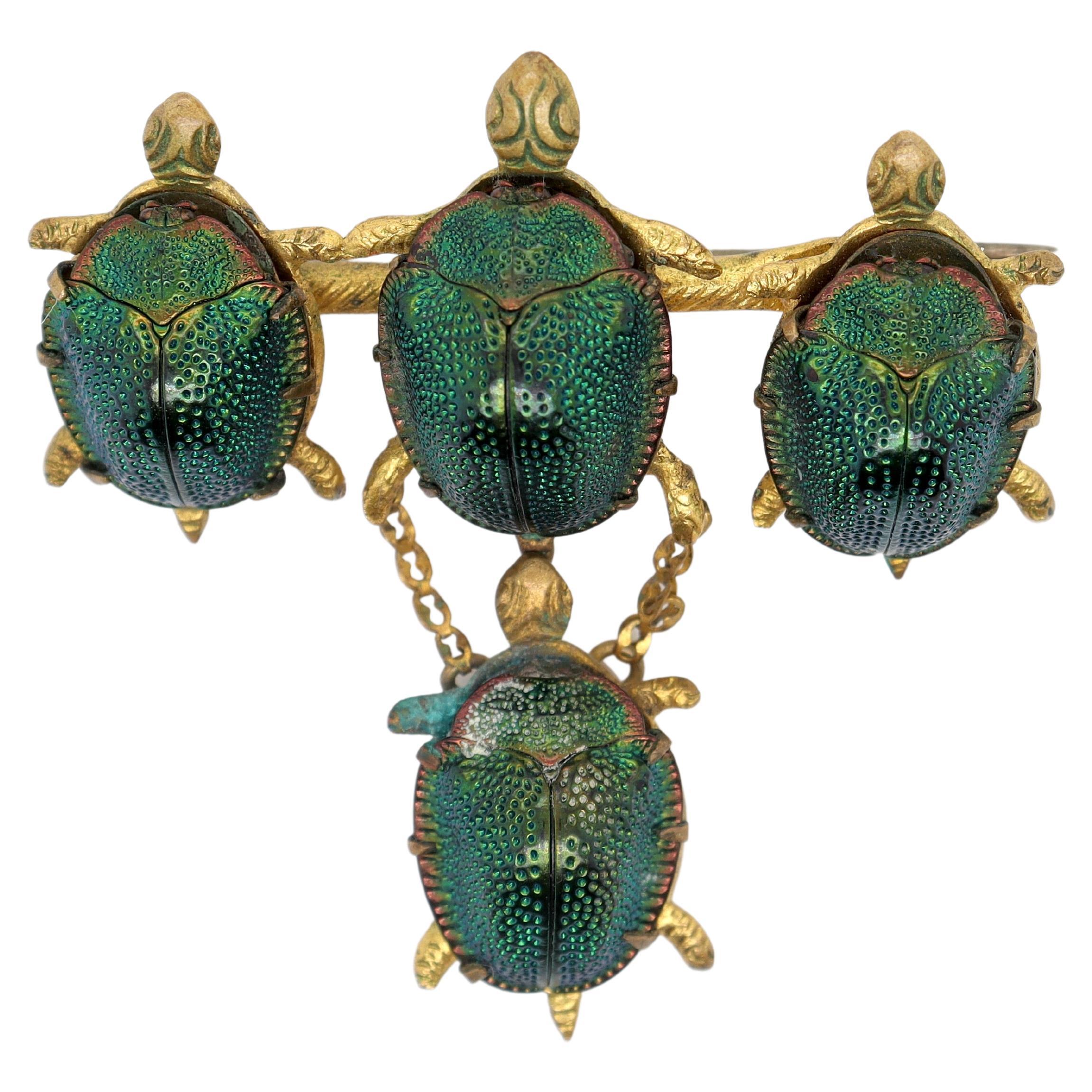 Antique Victorian Gold Filled Turtles Brooch with Egyptian Scarab Shells For Sale