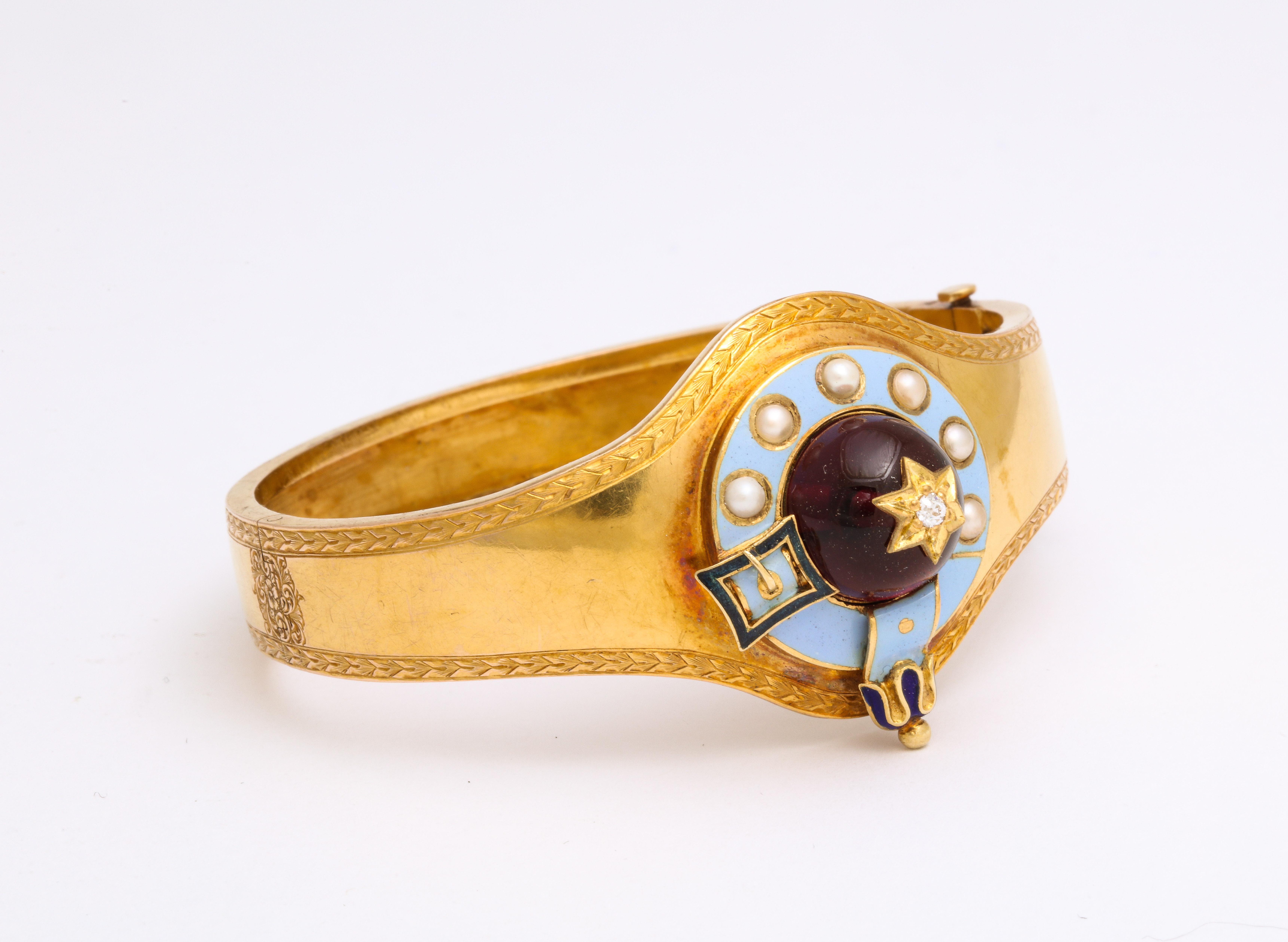 Victorien Bracelet victorien ancien en or, grenats, émail et diamants en vente