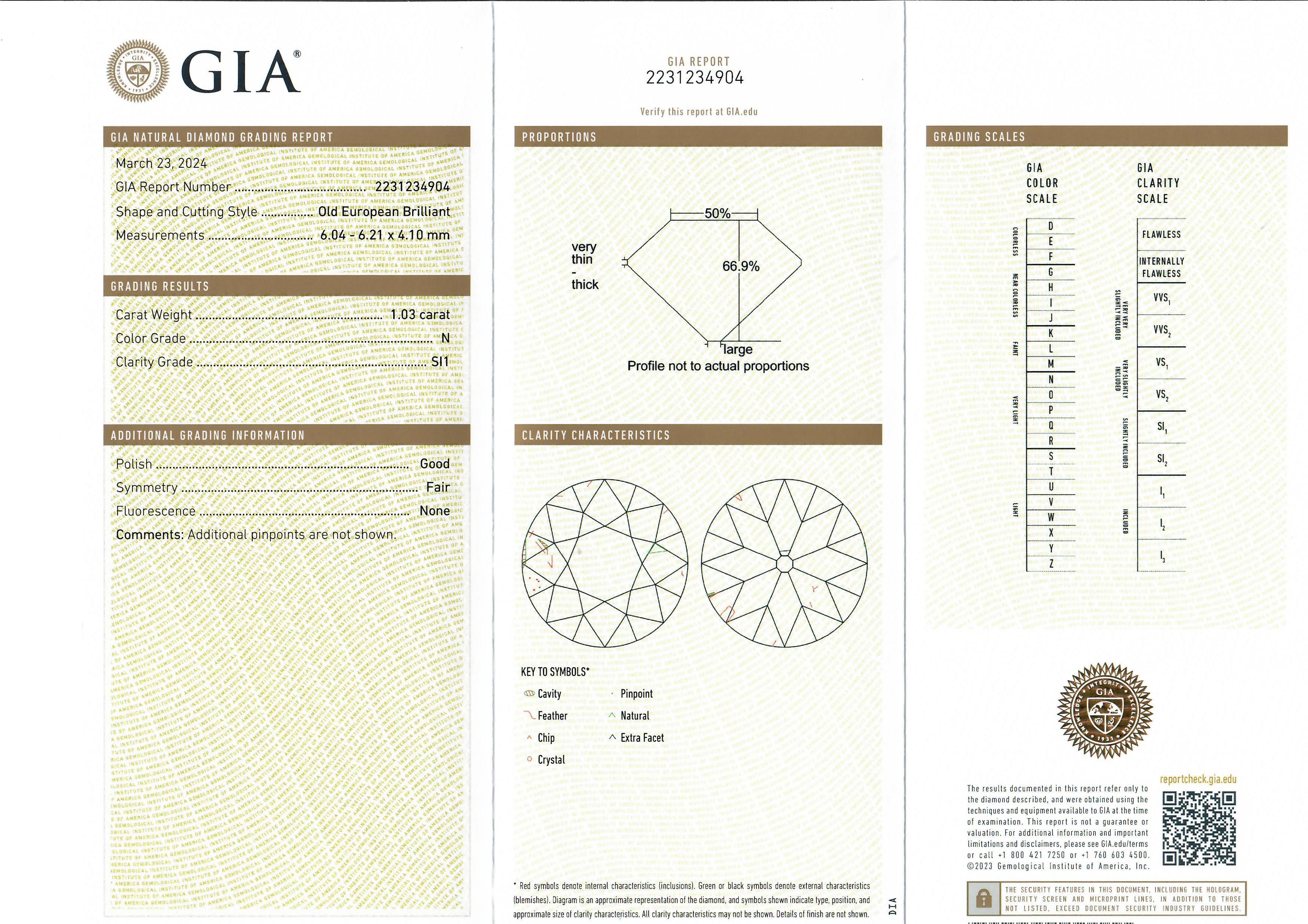--Pierre(s) :...
(1) Diamant naturel véritable - taille européenne ancienne - serti clos - couleur N - pureté SI1 - 1,03ct (exact - certifié)
** Voir les détails de la certification ci-dessous pour des informations complètes
Poids total en carats :