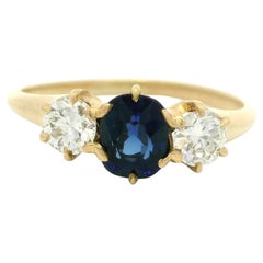 Antique Victorian Gold GIA 1.27ct Cushion No Heat Sapphire Diamond 3 Stone Ring