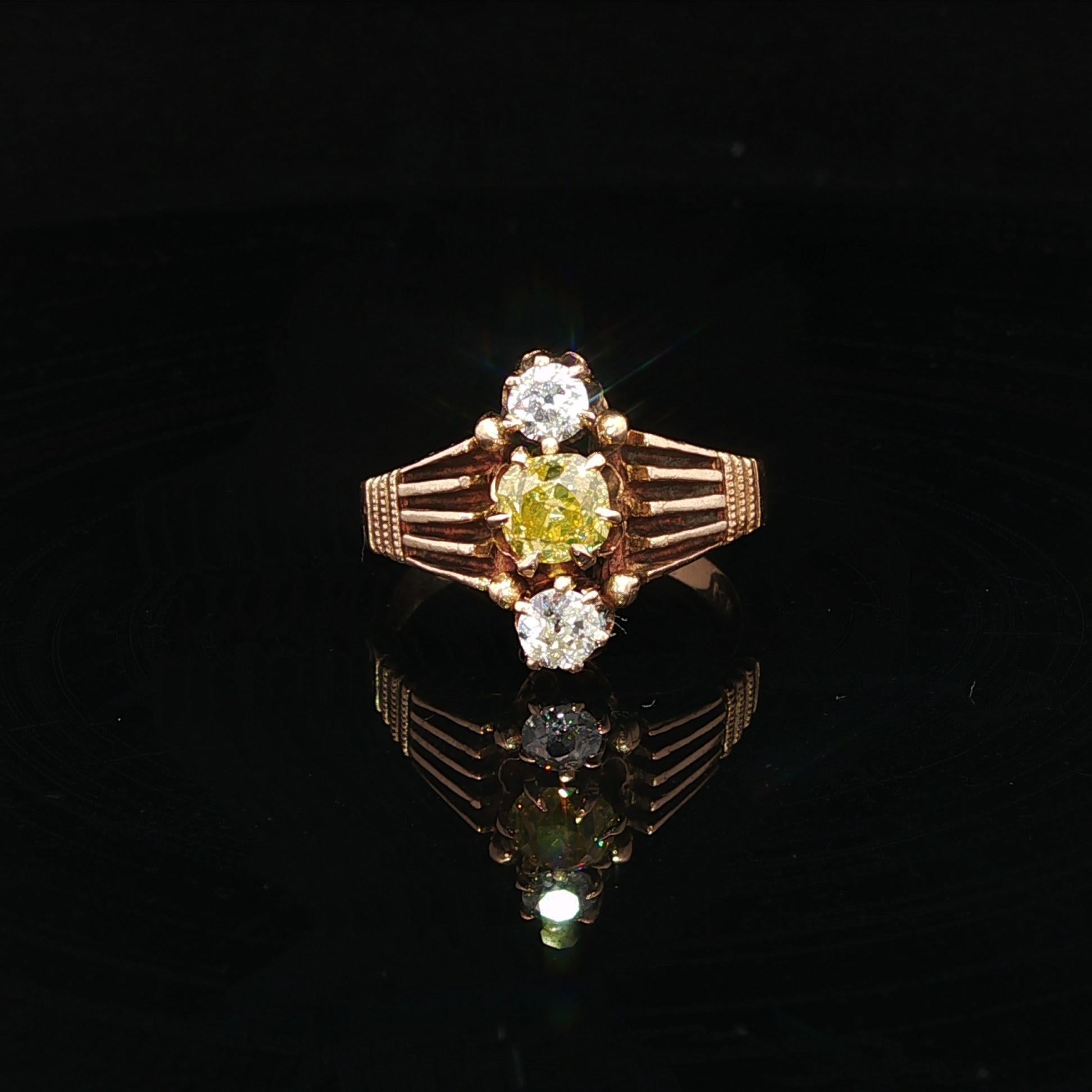 Taglio vecchia miniera Anello antico vittoriano in oro GIA da .99ctw Fancy Intense Yellow Old Mine Cut Diamond in vendita