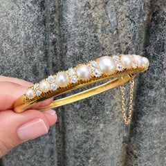 Antique Victorian Gold GIA Natural Pearl & Old Mine Cut Diamond Bangle Bracelet
