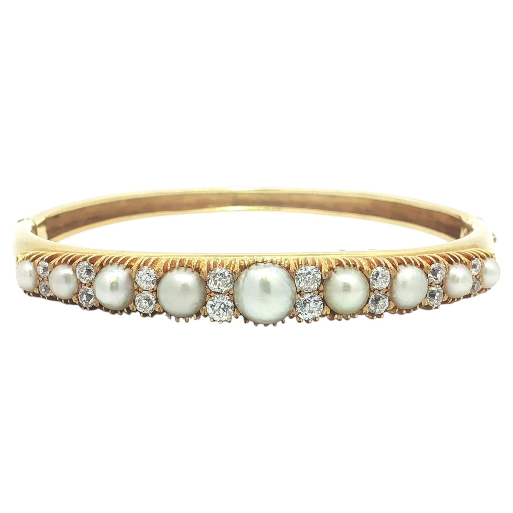 Antique Victorian Gold GIA Natural Pearl & Old Mine Cut Diamond Bangle Bracelet