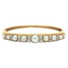 Antique Victorian Gold GIA Natural Pearl & Old Mine Cut Diamond Bangle Bracelet