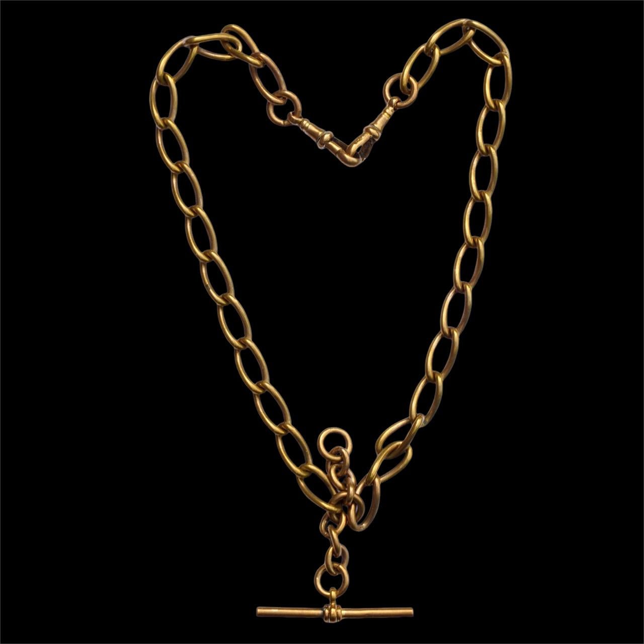 Antique Victorian Gold Gilt Metal Albert Watch Chain with T Bar For Sale 6