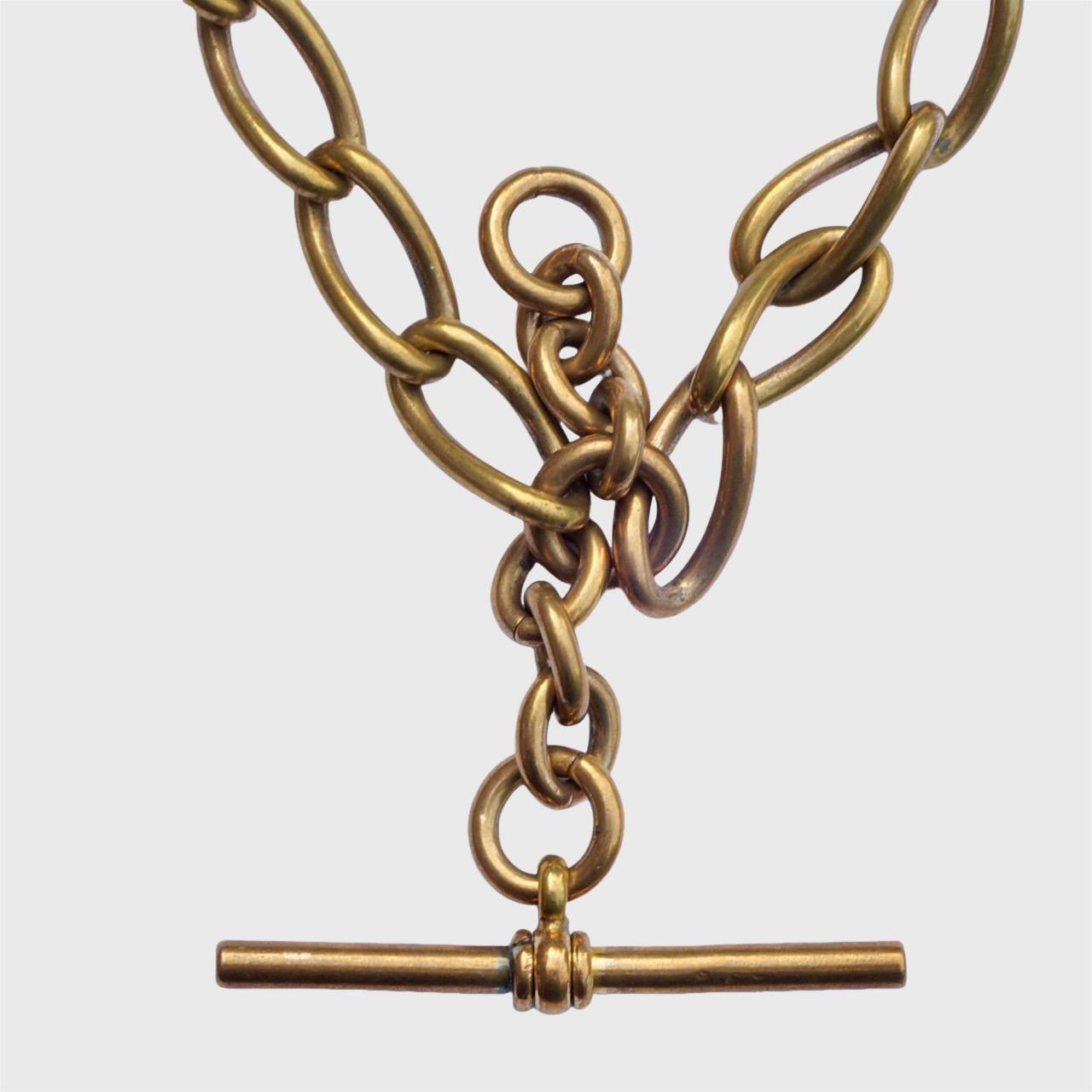 Antique Victorian Gold Gilt Metal Albert Watch Chain with T Bar For Sale 1