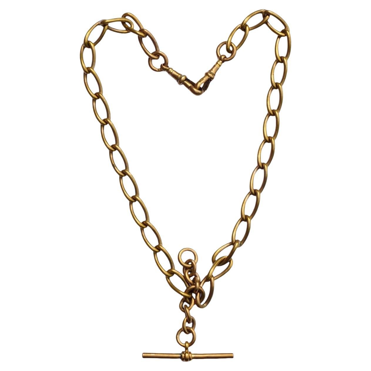 Antique Victorian Gold Gilt Metal Albert Watch Chain with T Bar For Sale