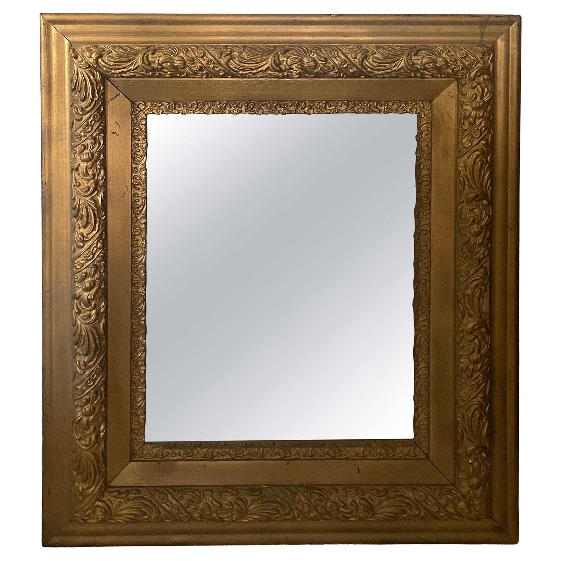 Antique Victorian Gold Giltwood Gesso Wide Frame Wall Mirror For Sale