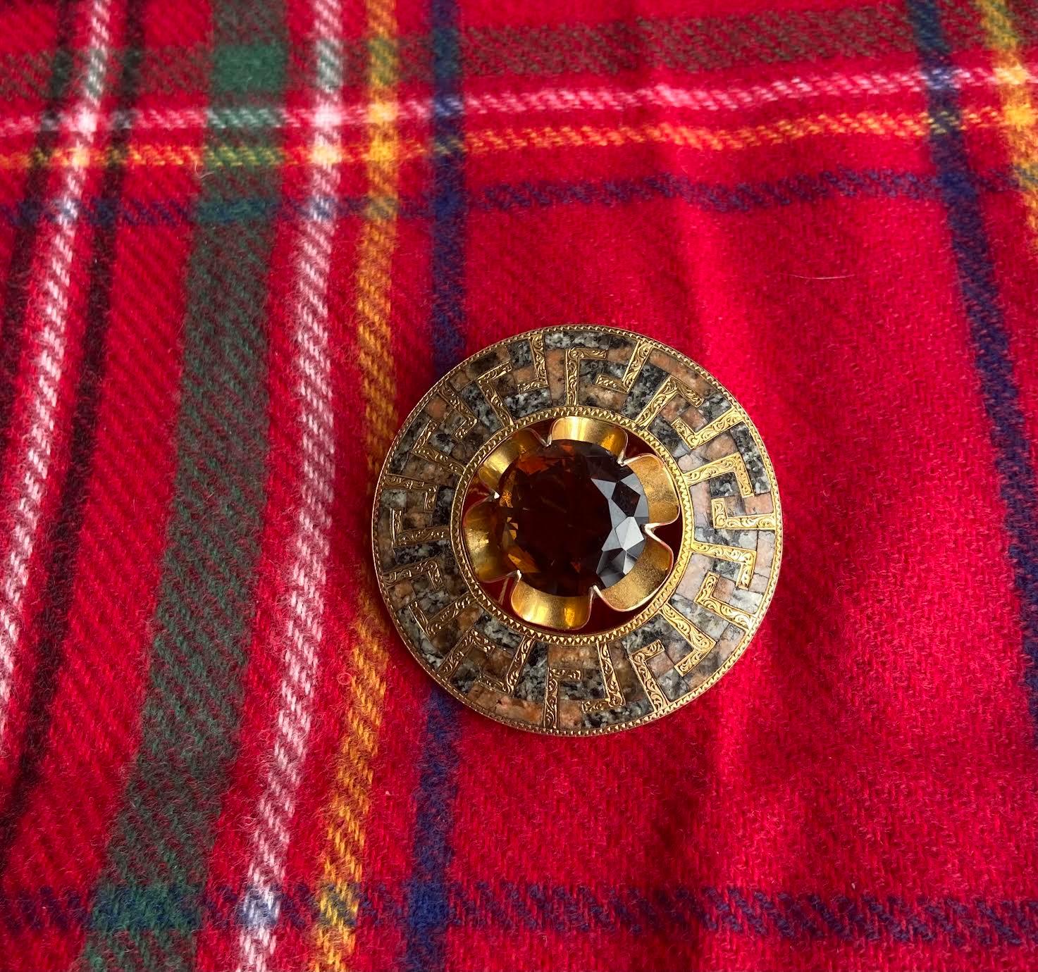 Mixed Cut Antique Victorian Gold Greek Key Scottish Brooch