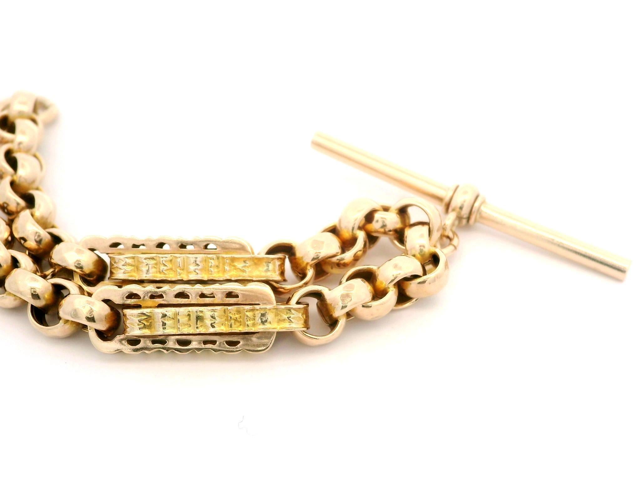 Antique Victorian Gold Hammered Bar Rolo Link Pocket Watch Chain Bracelet In Good Condition In Montclair, NJ