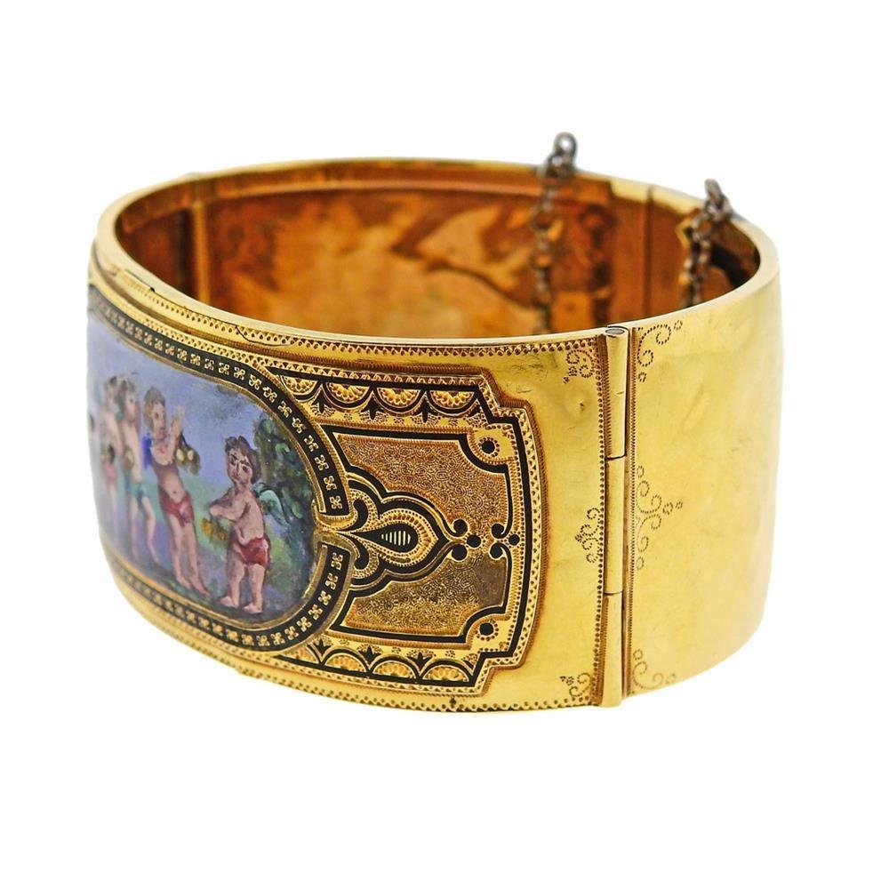 Antique 18k gold bangle bracelet, featuring hand painted on porcelain cherub illustration. Bracelet will fit approx. 6.75