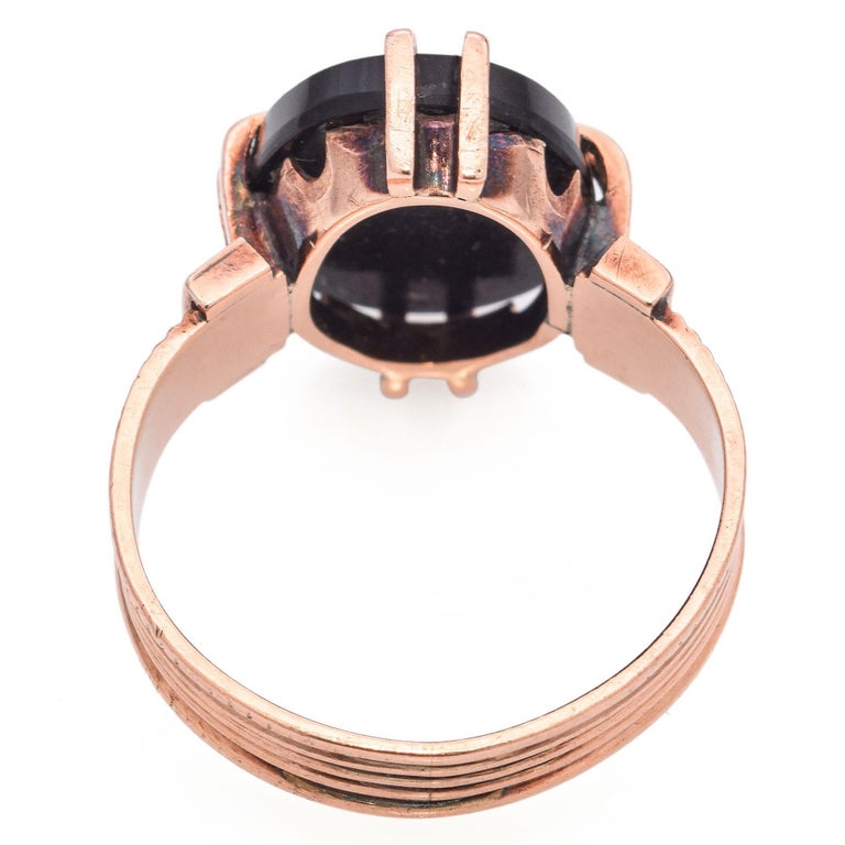 Bague Camée Victorienne En Onyx Et Or 11K - Taille 4, Ancienne Et Ajustable