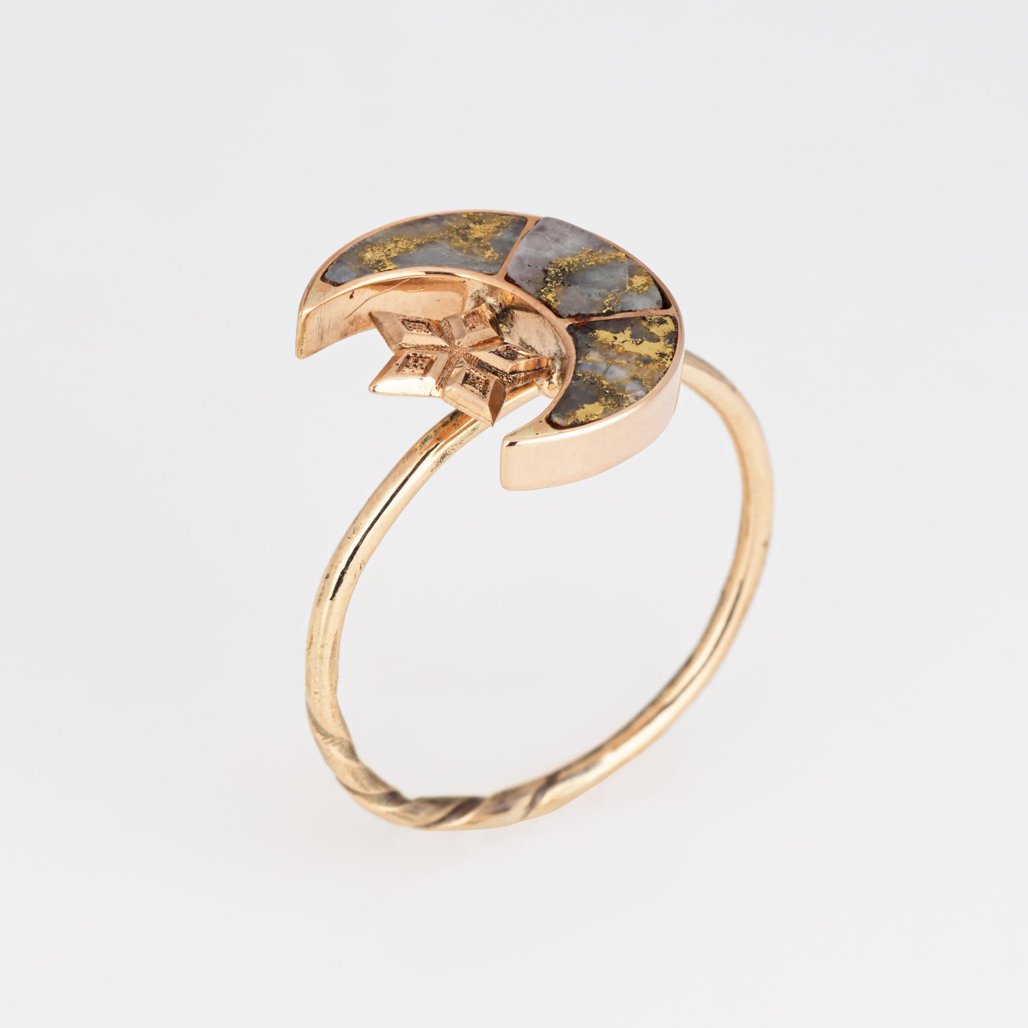 Originally an antique Victorian era stick pin (circa 1880s to 1900s), the Gold in Quartz ring is crafted in 14 karat rose gold.

The ring is mounted with the original stick pin. Our jeweler rounded the stick pin into a slim band for the finger. The