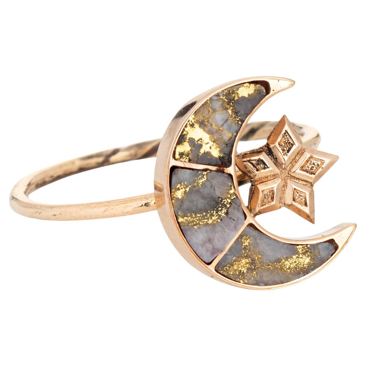 Antique Victorian Gold in Quartz Ring Crescent Moon Star 14k Celestial Jewelry 7