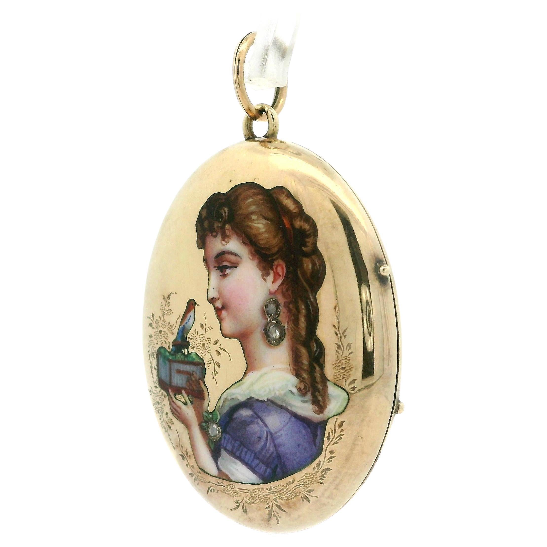 Antique Victorian Gold Lady Portrait Colorful Enamel w/ Diamond Locket Pendant