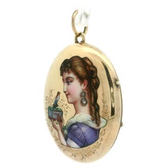 Antique Victorian Gold Lady Portrait Colorful Enamel w/ Diamond Locket Pendant