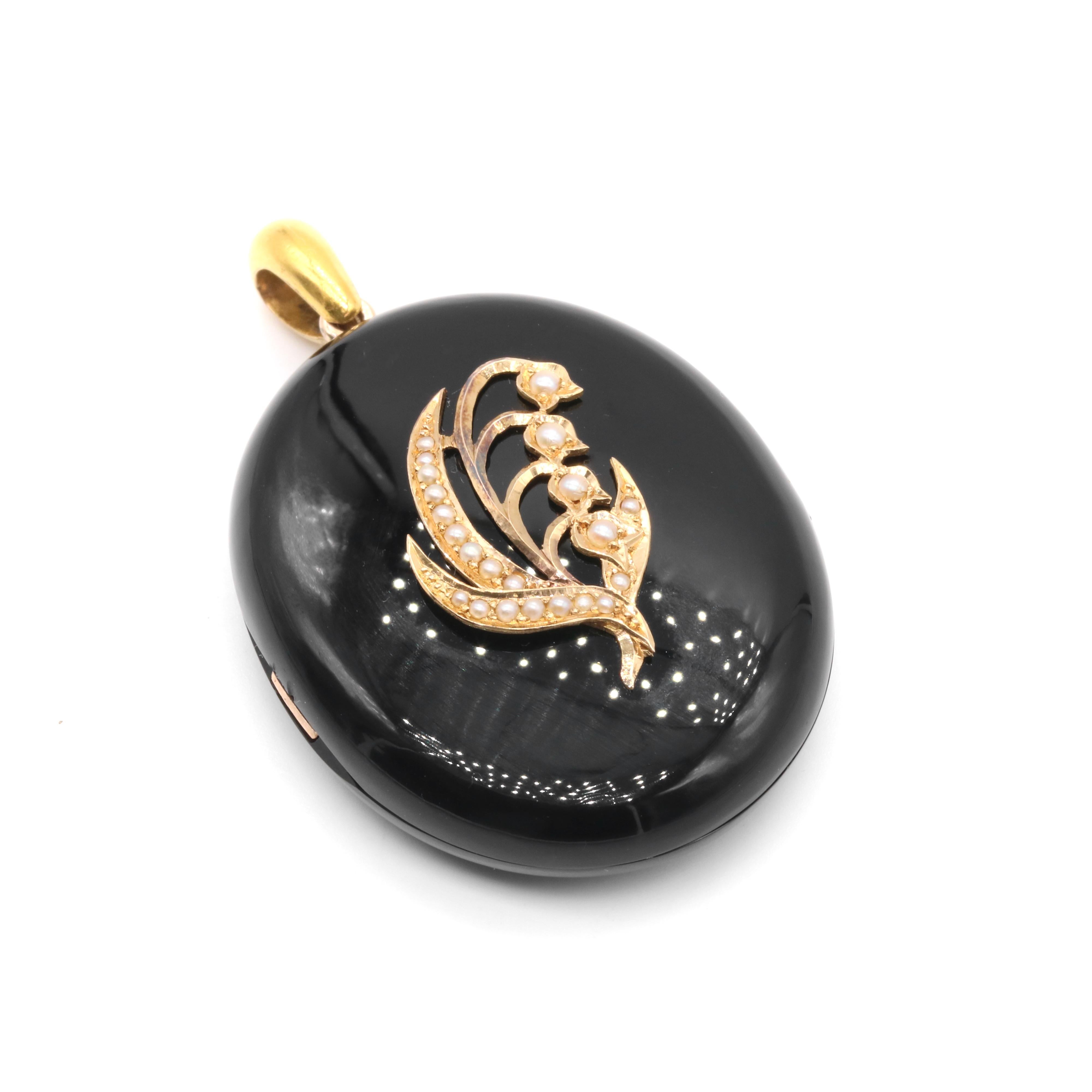 Round Cut Antique Victorian Gold Large Oval Pearl Lily of the Valley Mourning Locket