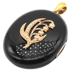 Antikes viktorianisches Gold Großes ovales Perlen Lilie des Valley Mourning Medaillons