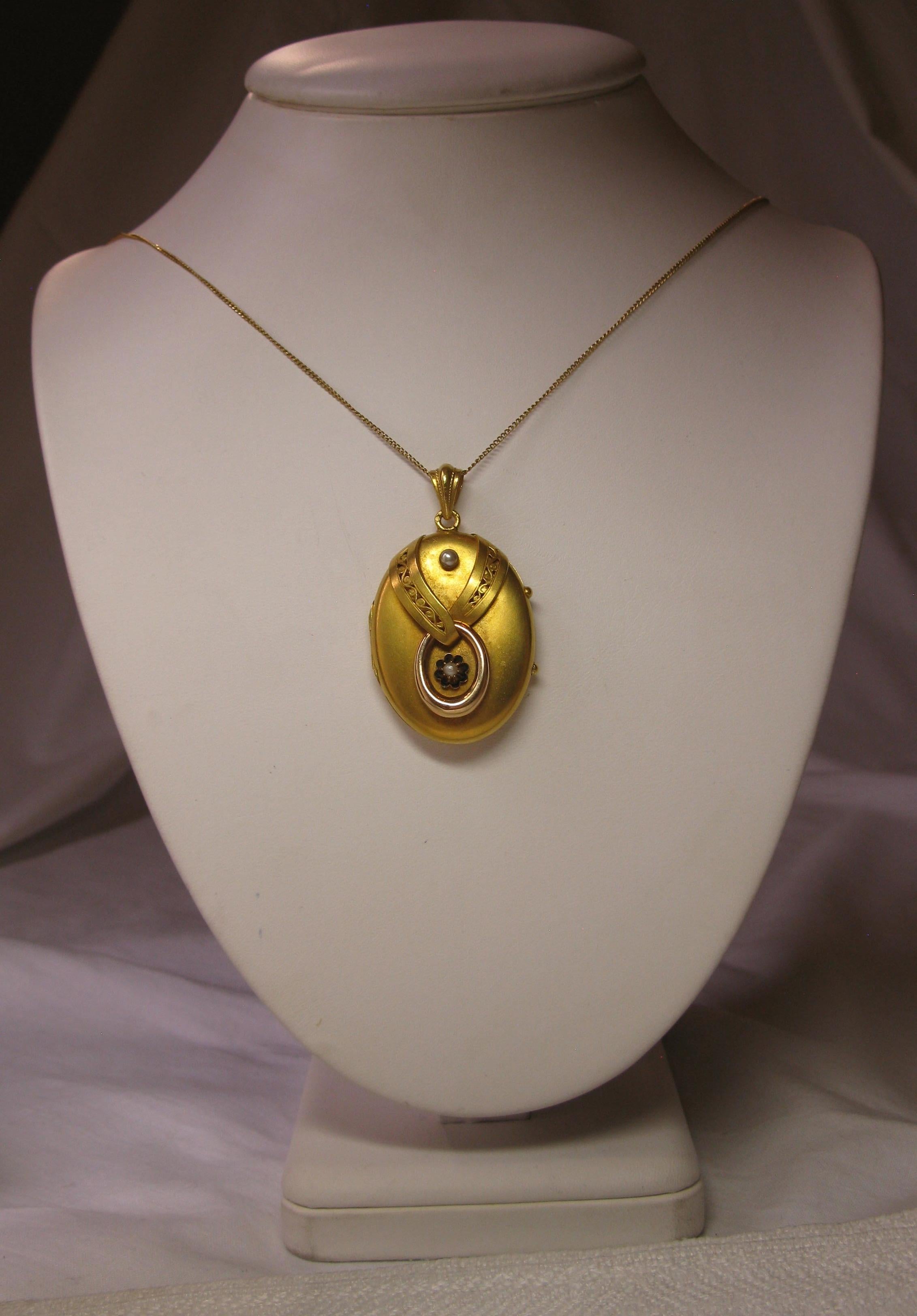Round Cut Antique Victorian Gold Locket 16 Karat Etruscan Pearl, circa 1860 For Sale