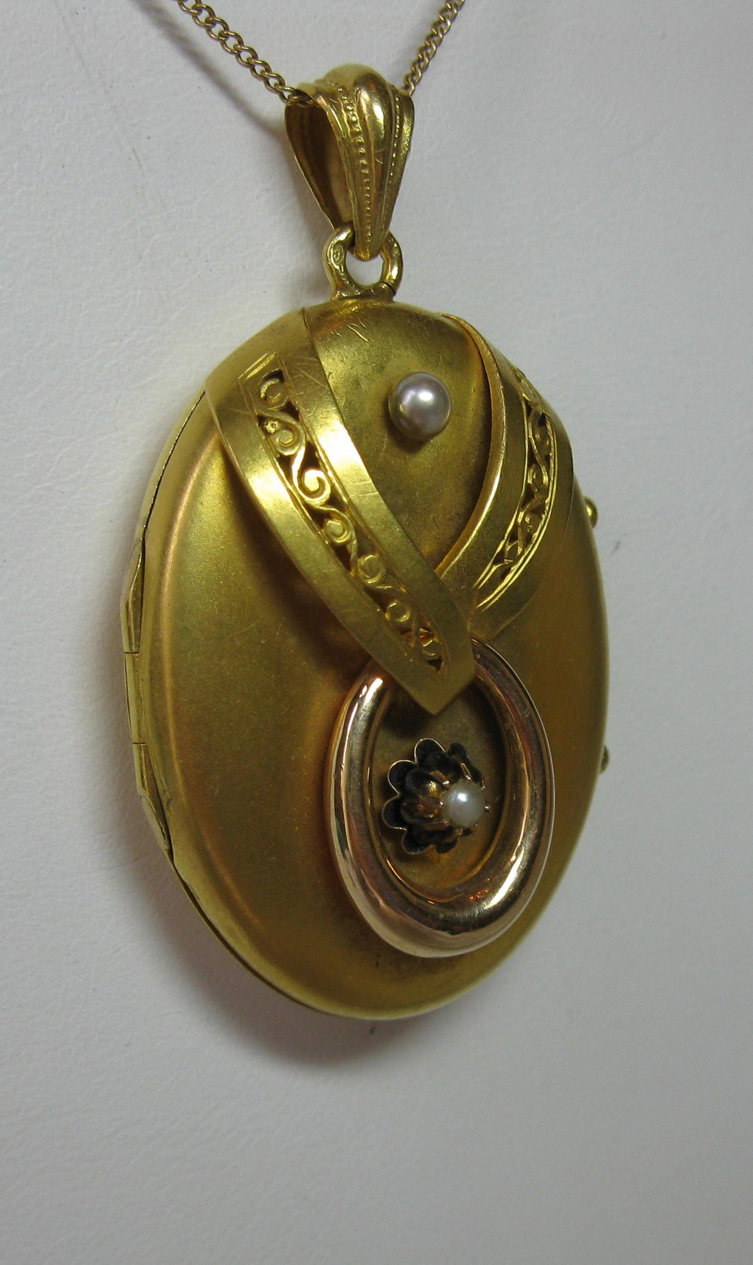Women's Antique Victorian Gold Locket 16 Karat Etruscan Pearl, circa 1860 For Sale
