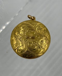 Victorian Gold Locket Pendant Necklace Flower Motif Engraved Monogram Antique