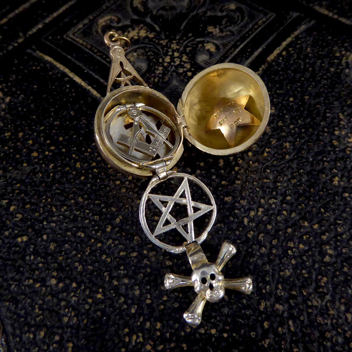 Women's or Men's Antique Victorian Gold Masonic Globe and Compass Folding Fob Pendant