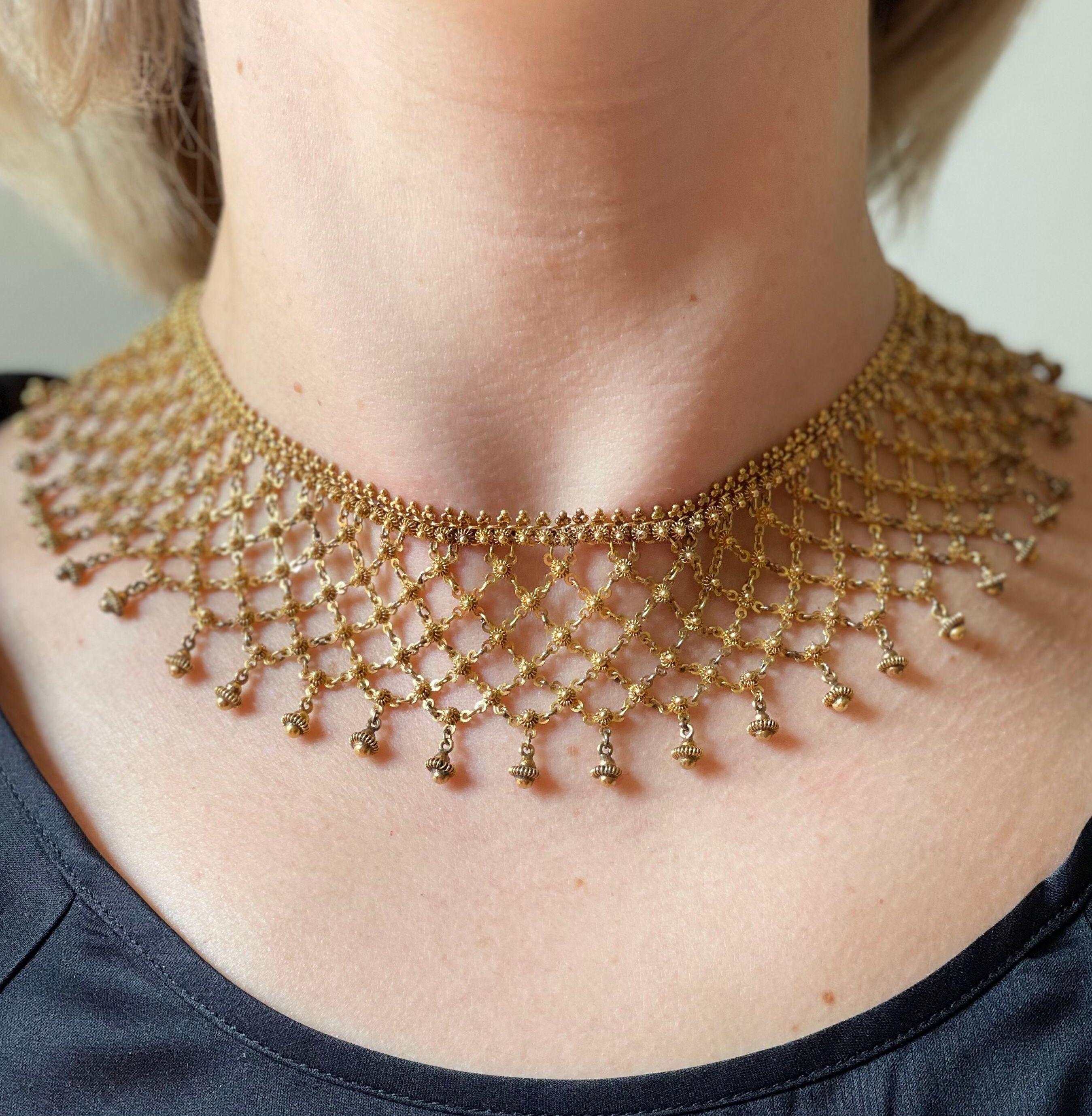 Antique Victorian mesh bib necklace in 18k gold. The necklace is measuring 16.5