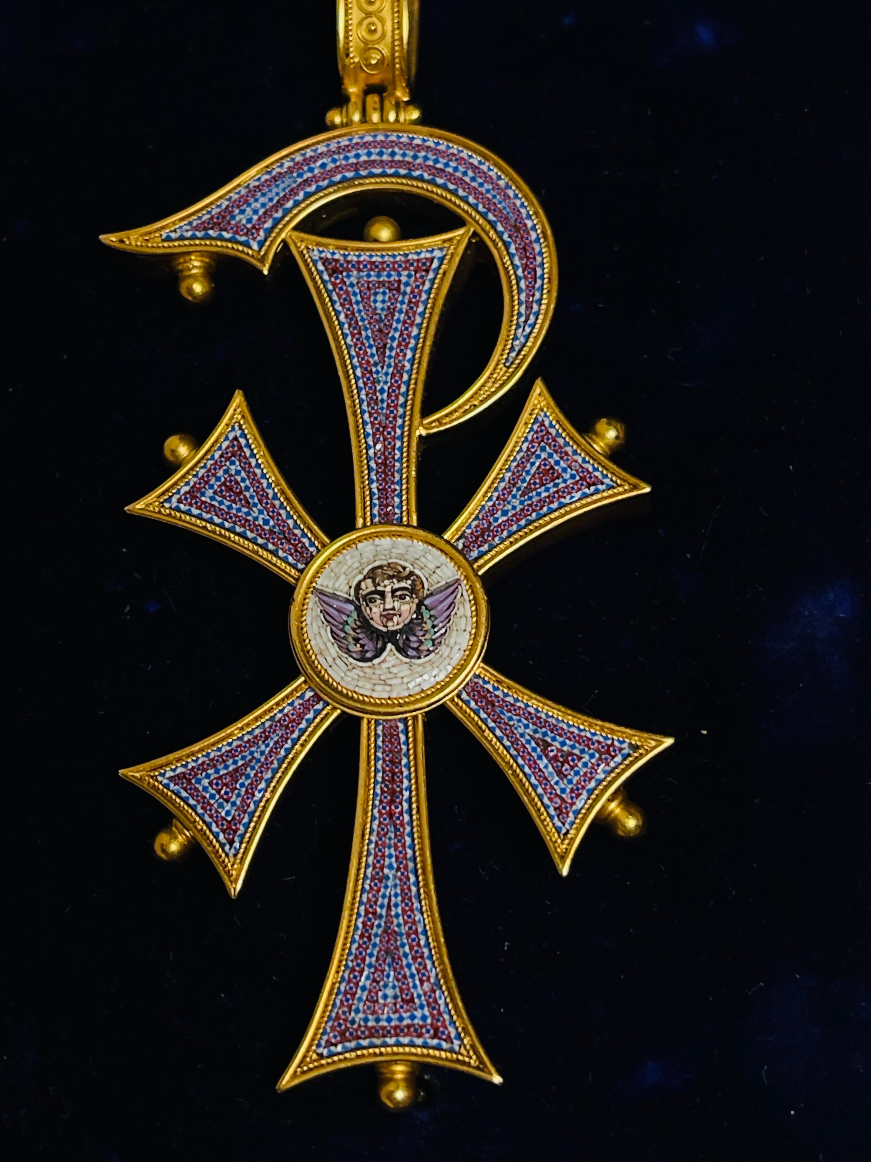 Antique Victorian Gold Micro Mosaic Cross Pendant C 1860 In Good Condition For Sale In Firenze, IT
