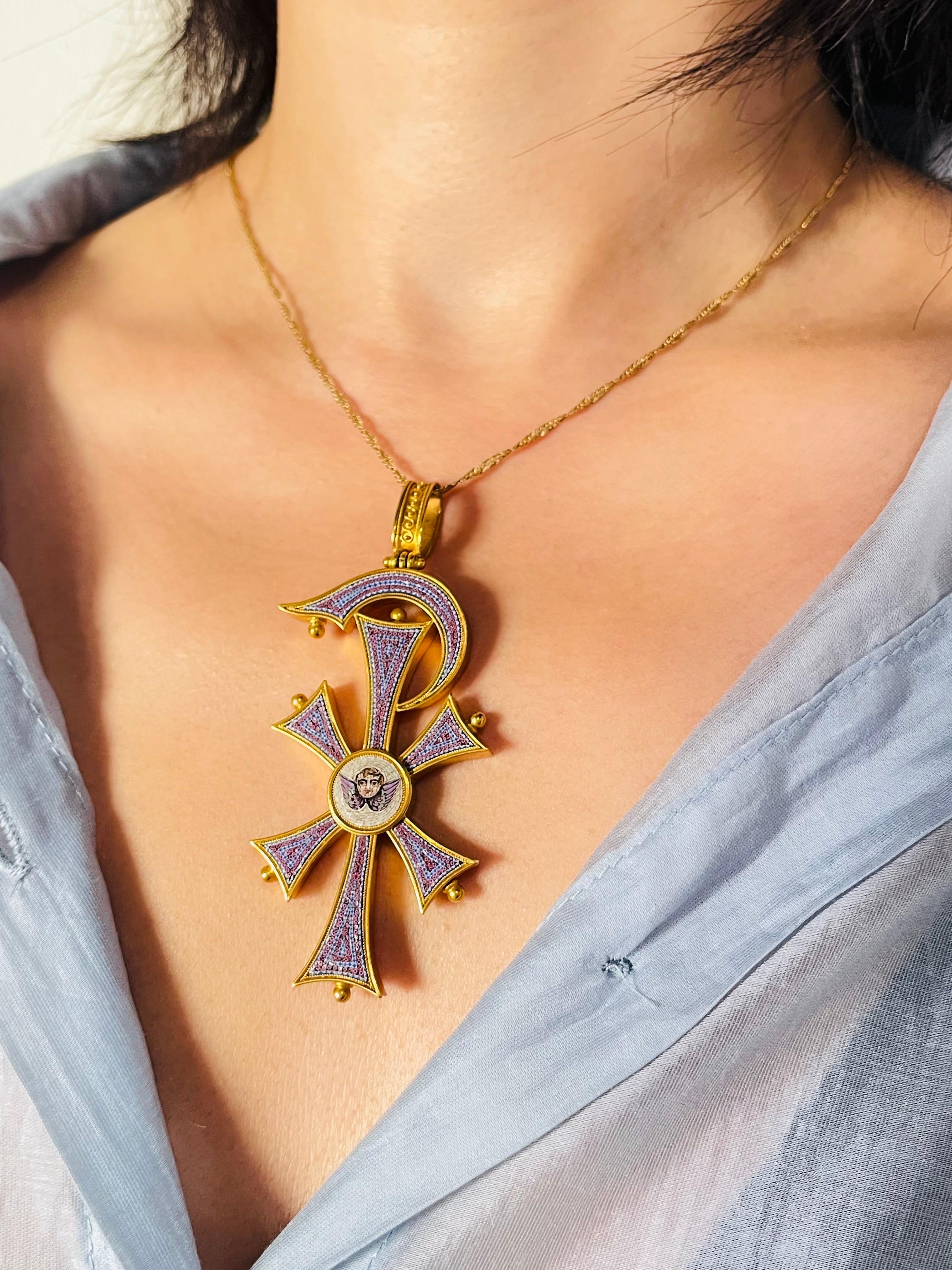 Women's or Men's Antique Victorian Gold Micro Mosaic Cross Pendant C 1860 For Sale