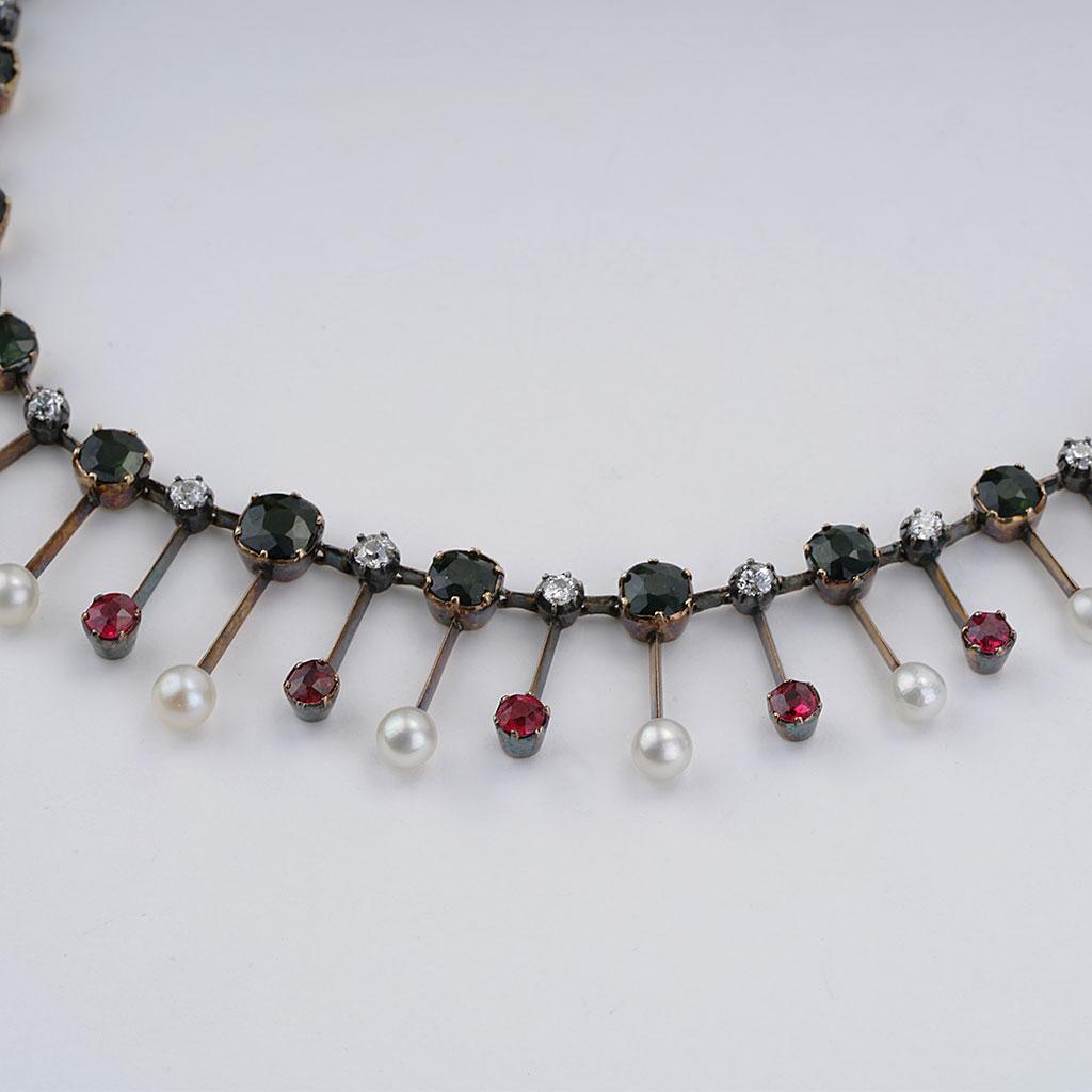 Round Cut Antique Victorian Gold Necklace with Diamonds Pearls Red Spinels and Tourmalines For Sale
