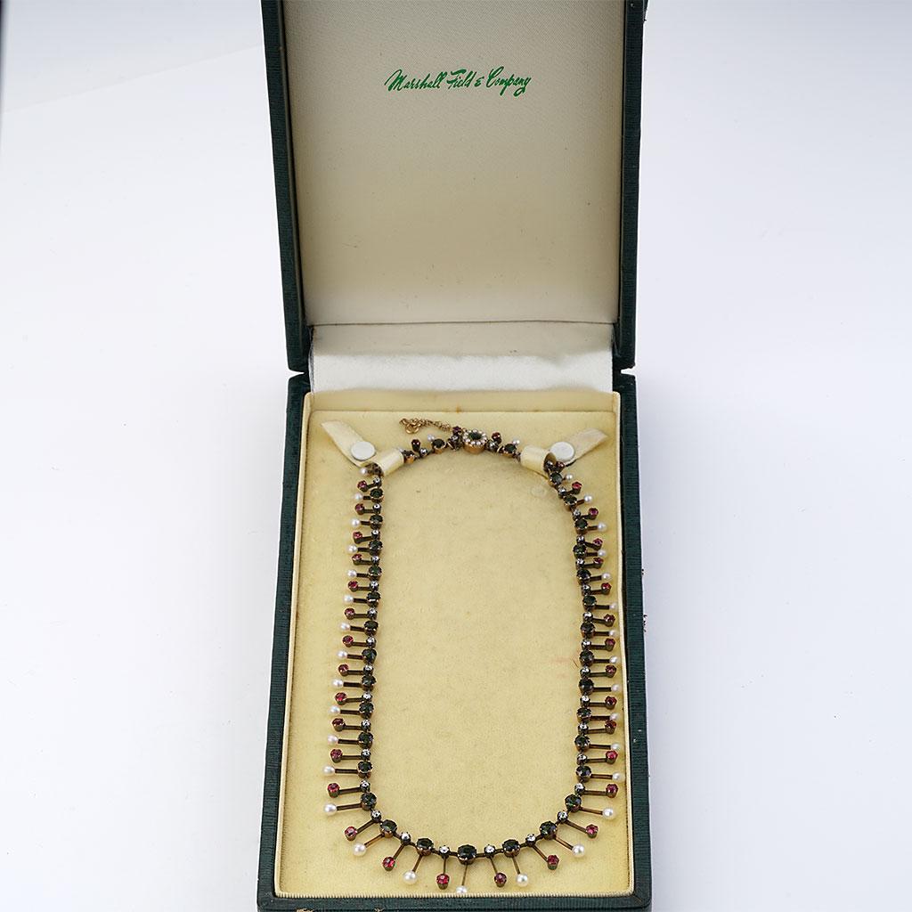 Collier victorien ancien en or avec diamants, perles, spinelles rouges et tourmalines Excellent état - En vente à Chicago, IL