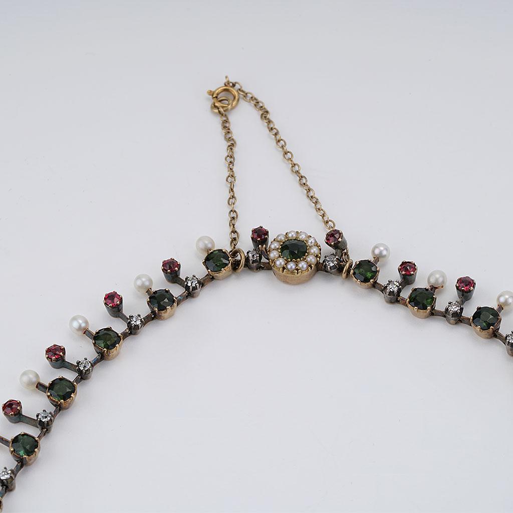 Antique Victorian Gold Necklace with Diamonds Pearls Red Spinels and Tourmalines For Sale 1