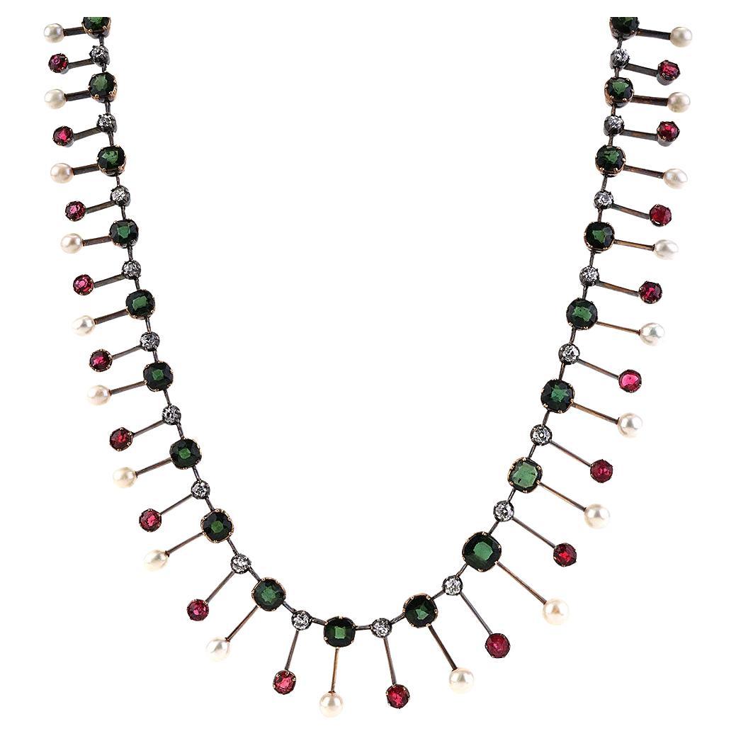 Antique Victorian Gold Necklace with Diamonds Pearls Red Spinels and Tourmalines For Sale