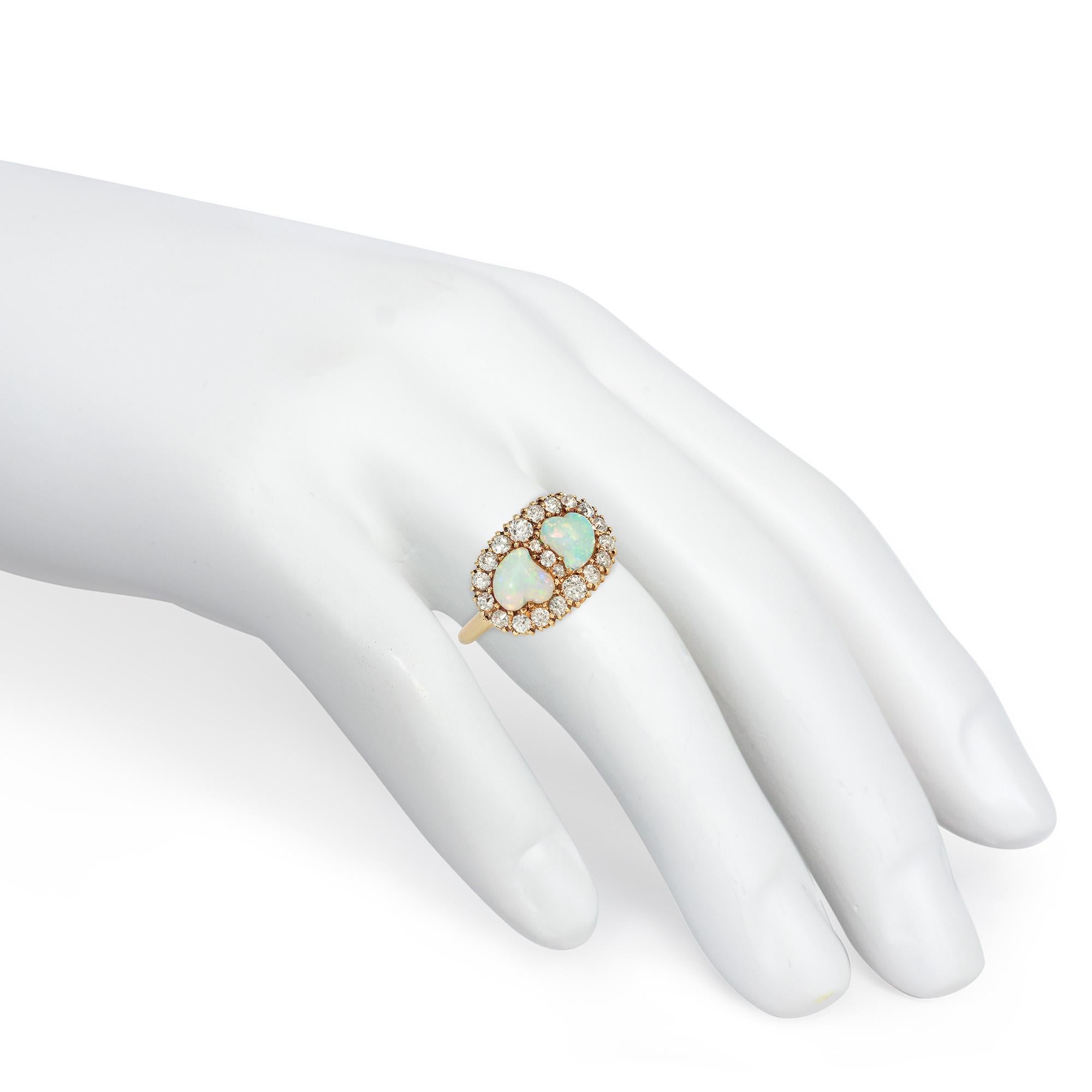 Women's or Men's Antique Victorian Gold, Old Mine Diamond, and Heart-Shaped Opal Toi et Moi Ring For Sale