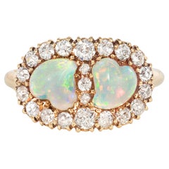 Antique Victorian Gold, Old Mine Diamond, and Heart-Shaped Opal Toi et Moi Ring