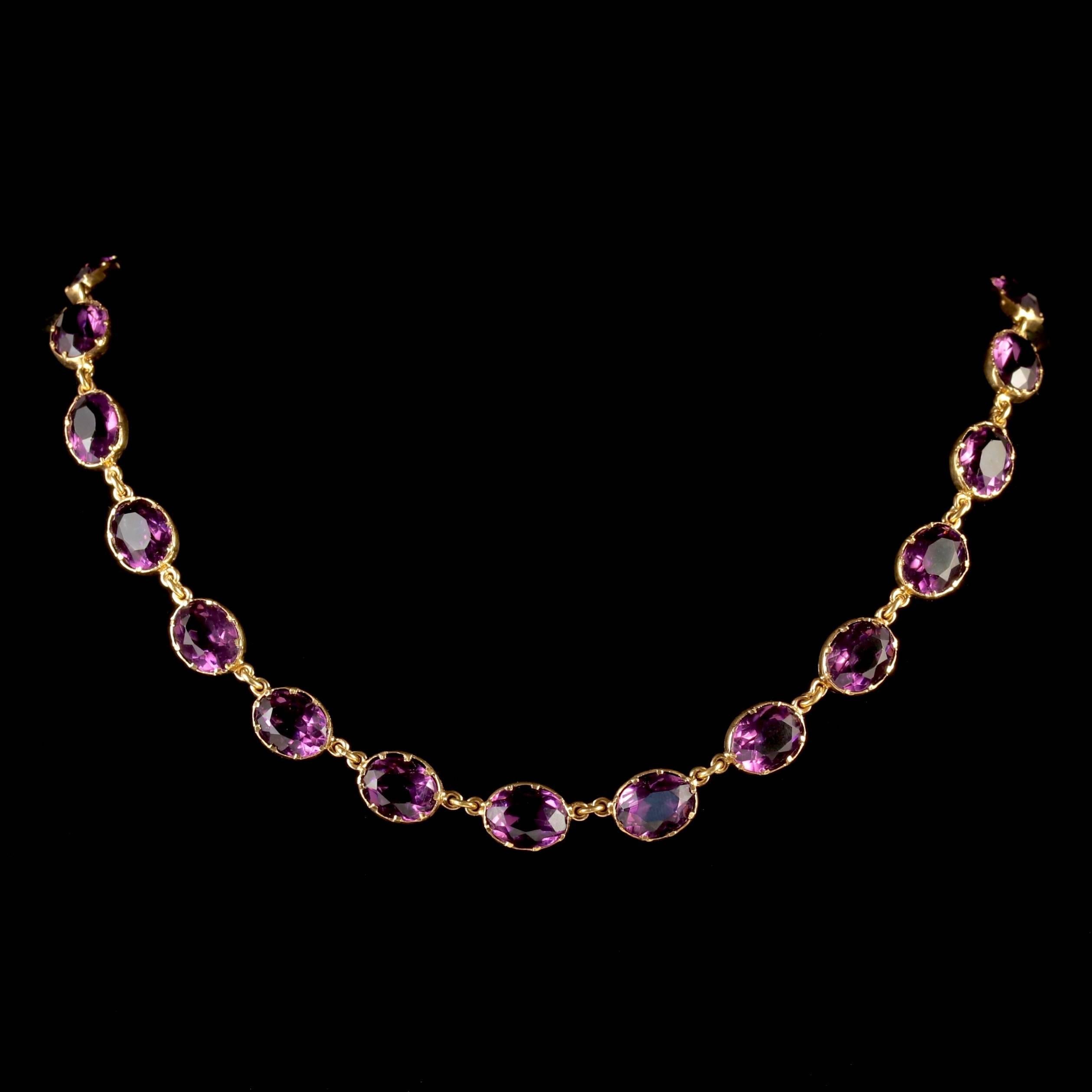 To read more please click continue reading below-

This fabulous antique Victorian 9ct Gold Purple Paste necklace is Circa 1880. 

The wonderful necklace is adorned with deep velvet rich purple Paste stones, all set in 9ct Gold which has developed a