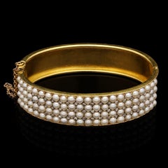 Antique Victorian Gold Pearl and Diamond Hinged Bangle, Circa 1880s
