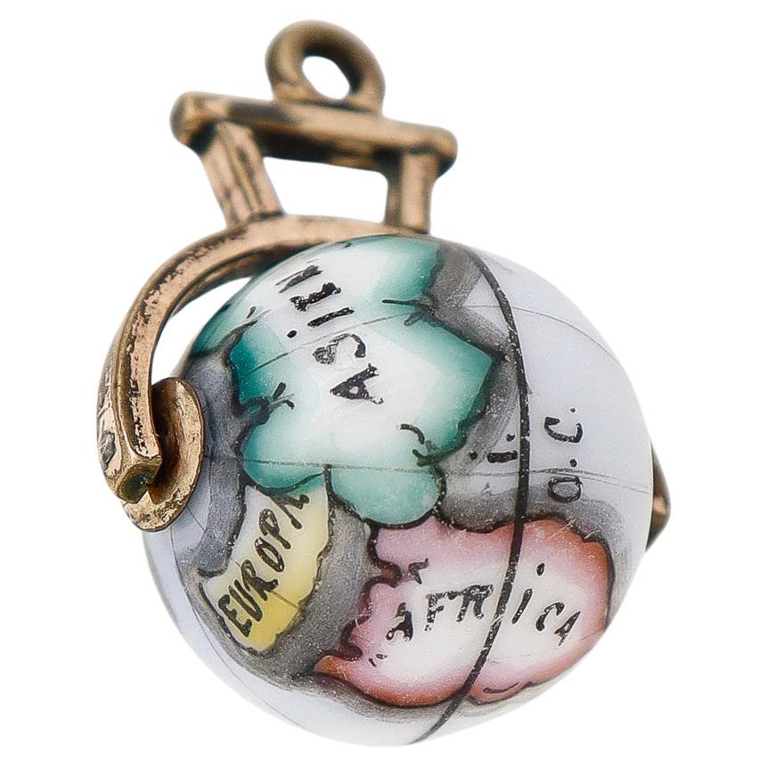Antique Victorian Gold Plate & Porcelain Globe/World Spinner Charm or Pendant For Sale