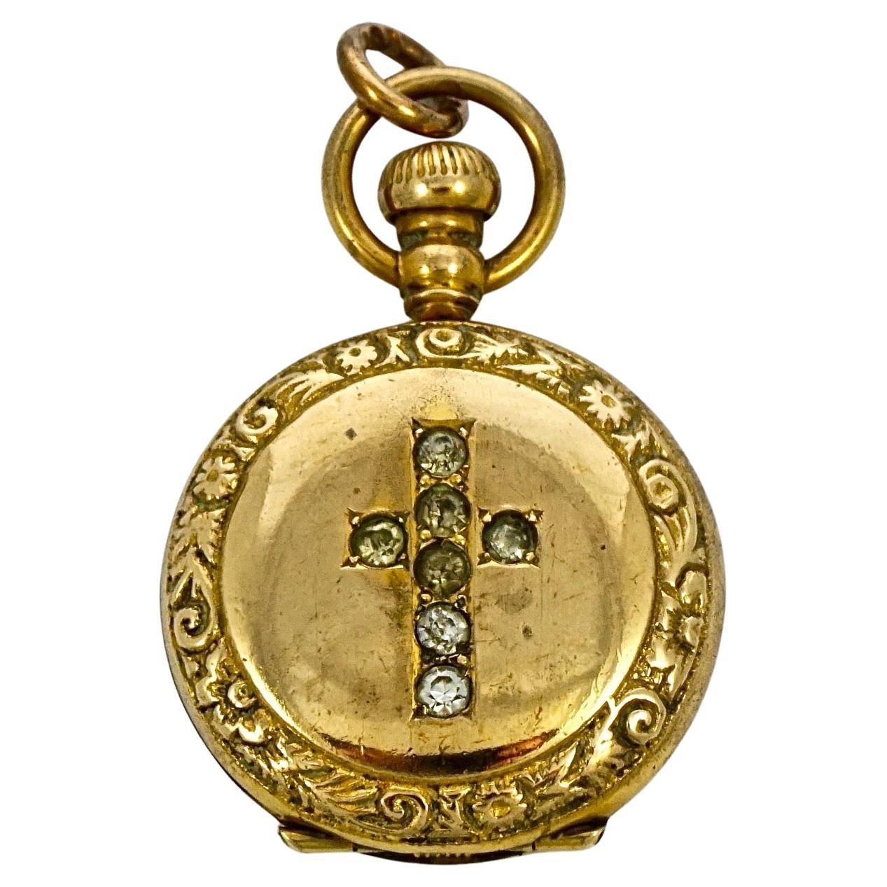 Antique Victorian Gold Plated and Clear Paste Stone Cross Locket For Sale