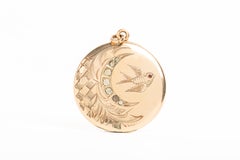 Antique Victorian Gold Plated Crescent Moon And A Swallow Locket