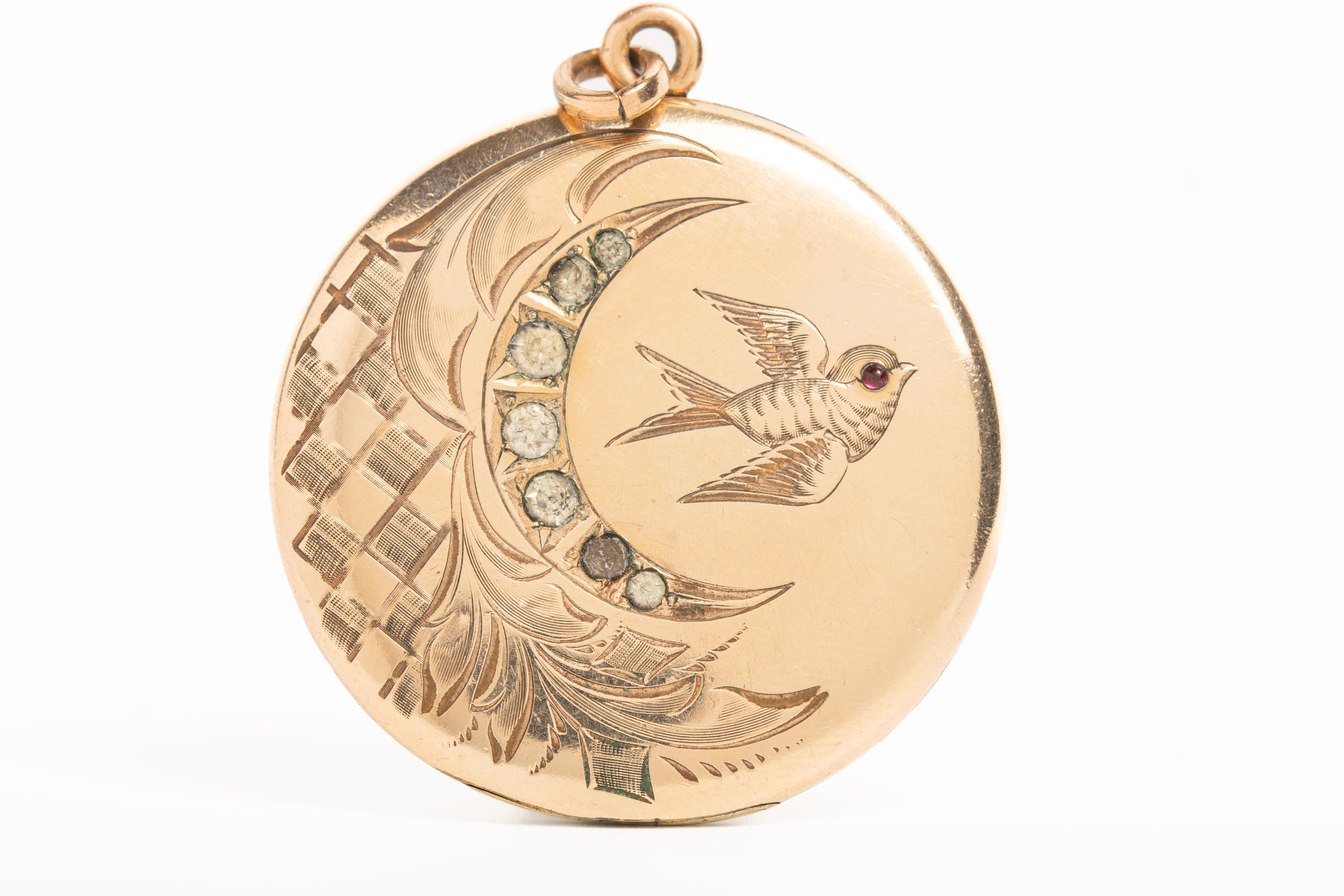 Women's Antique Victorian Gold Plated Crescent Moon And A Swallow Locket For Sale